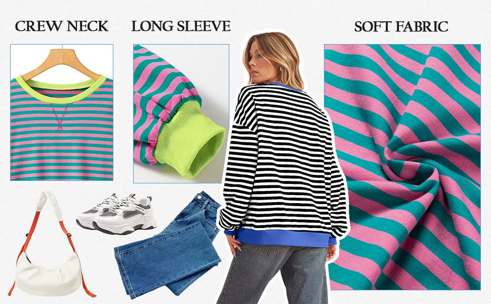 Olavrcby Womens Oversized Crewneck Sweatshirt Striped Color Block Long Sleeve Casual Loose Pullover Tops Y2K Shirt 2024