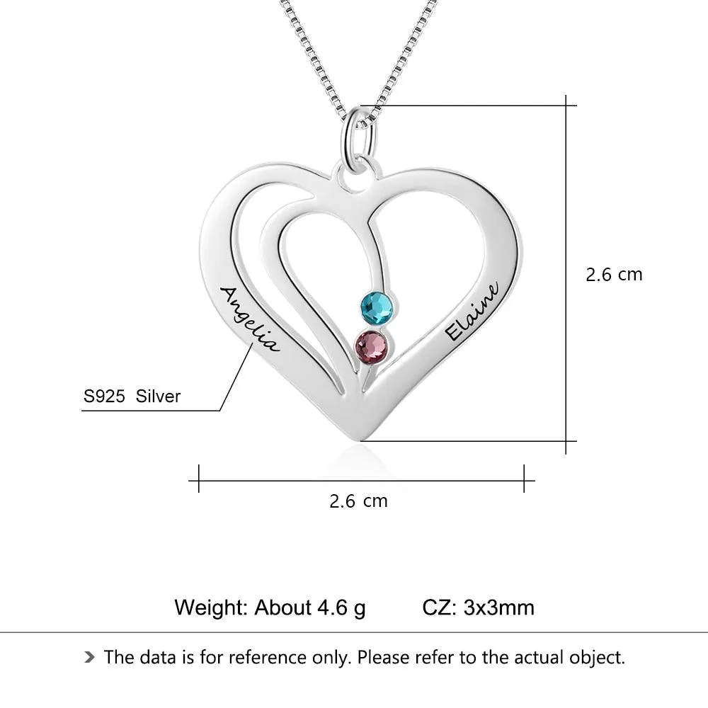 Personalized 925 Sterling Silver Engraved Name Heart Birthstone Pendant Necklace, Jewelry for Women