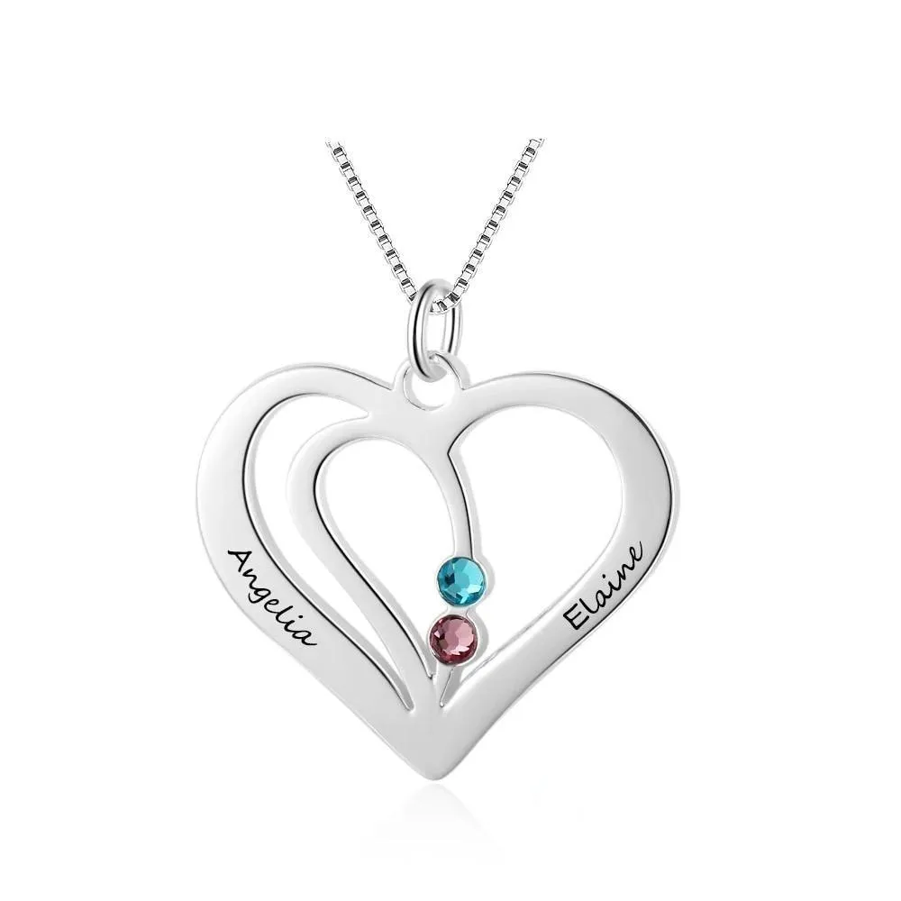 Personalized 925 Sterling Silver Engraved Name Heart Birthstone Pendant Necklace, Jewelry for Women