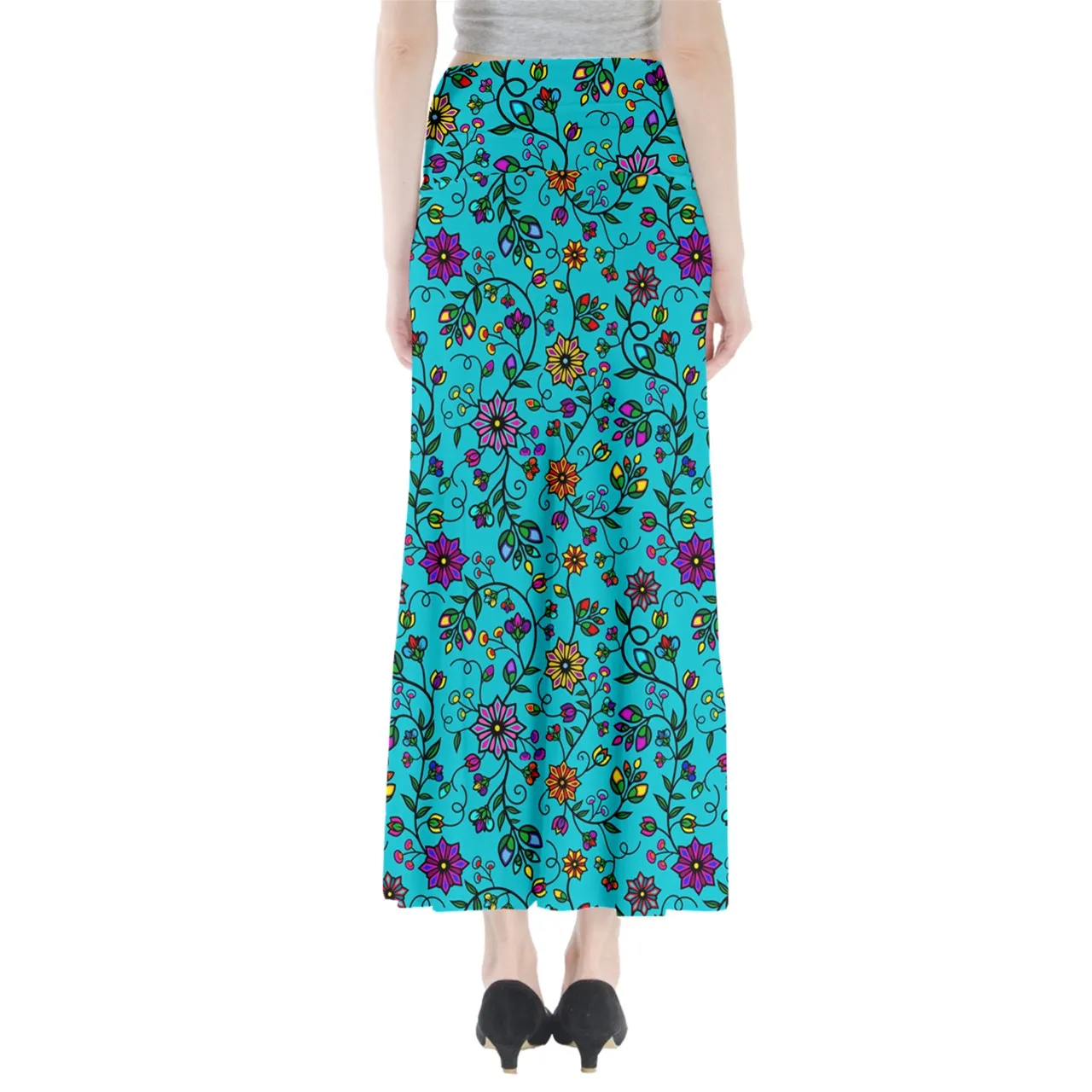 Prairie Paintbrush Cyan Full Length Maxi Skirt