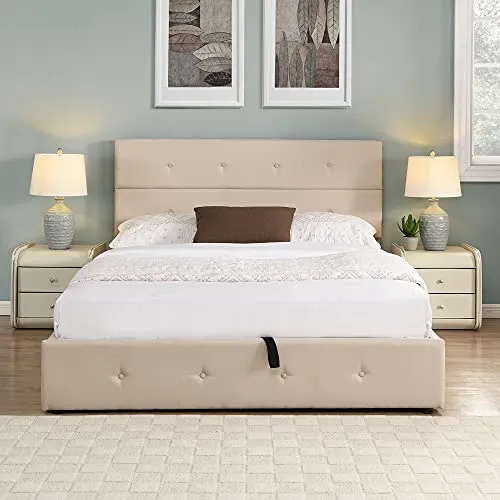 Queen Platform Bed with Storage Underneath, Upholstered Platform Bed with Gas Lift up Storage, Metal Bed Frame with Tufted Headboard（Beige, Button-Tufted）