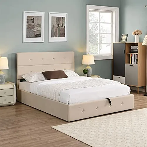 Queen Platform Bed with Storage Underneath, Upholstered Platform Bed with Gas Lift up Storage, Metal Bed Frame with Tufted Headboard（Beige, Button-Tufted）