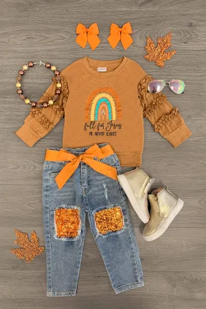 "Fall For Jesus..." Brown Rainbow Denim Pant Set