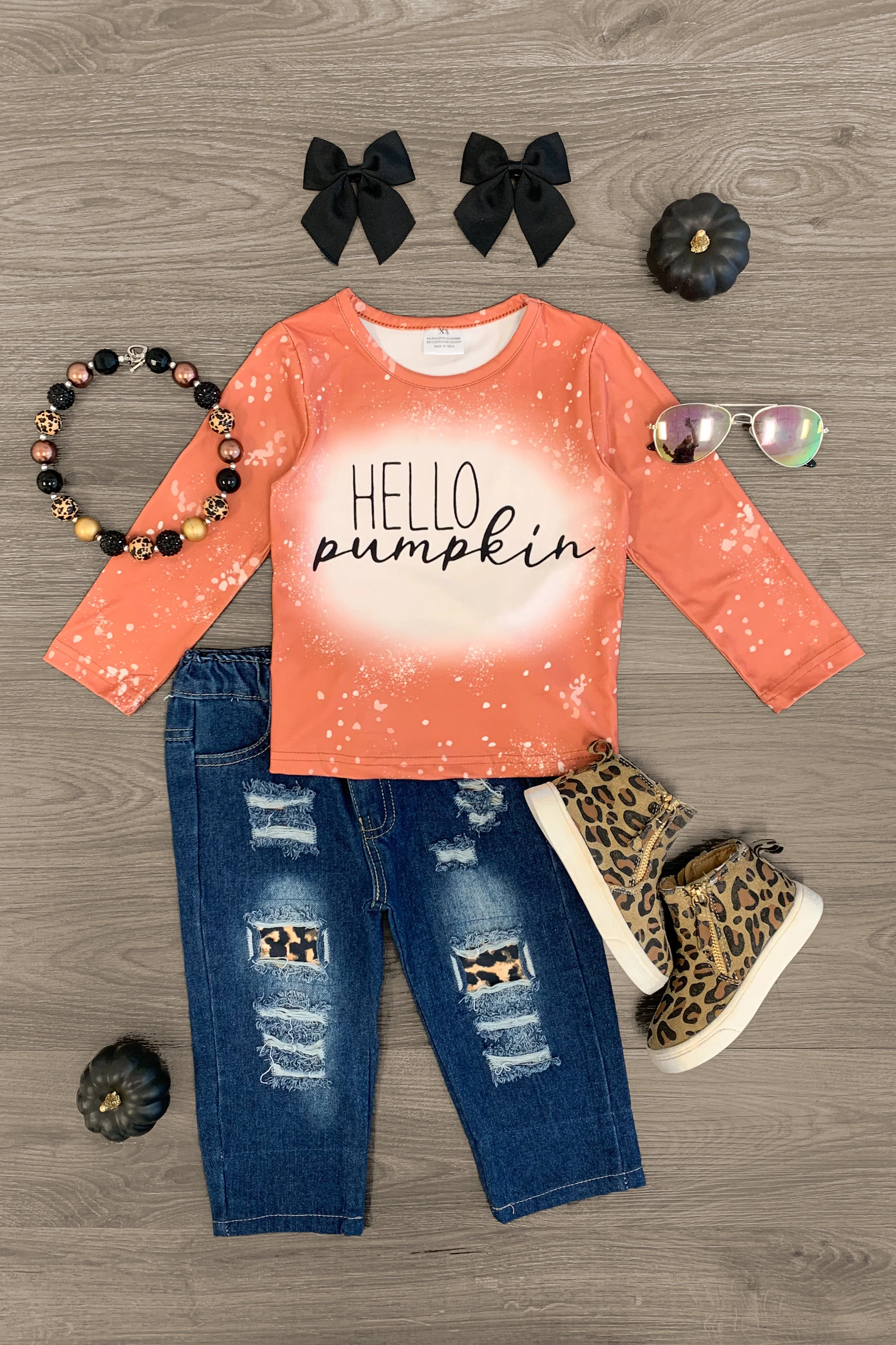 "Hello Pumpkin" Distressed Denim Pant Set