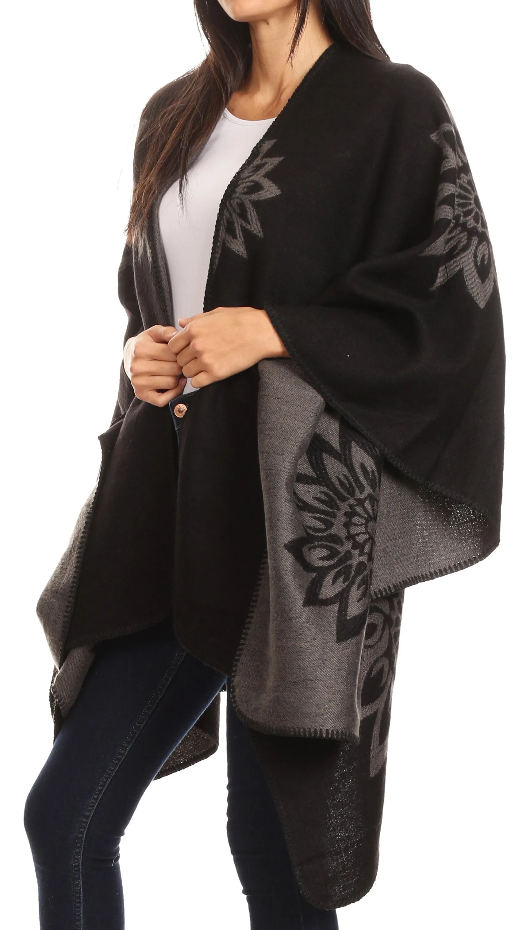 Sakkas Lupe Womens Reversible Poncho Wrap Cape Shawl Sweater Coat Cardigan Pattern