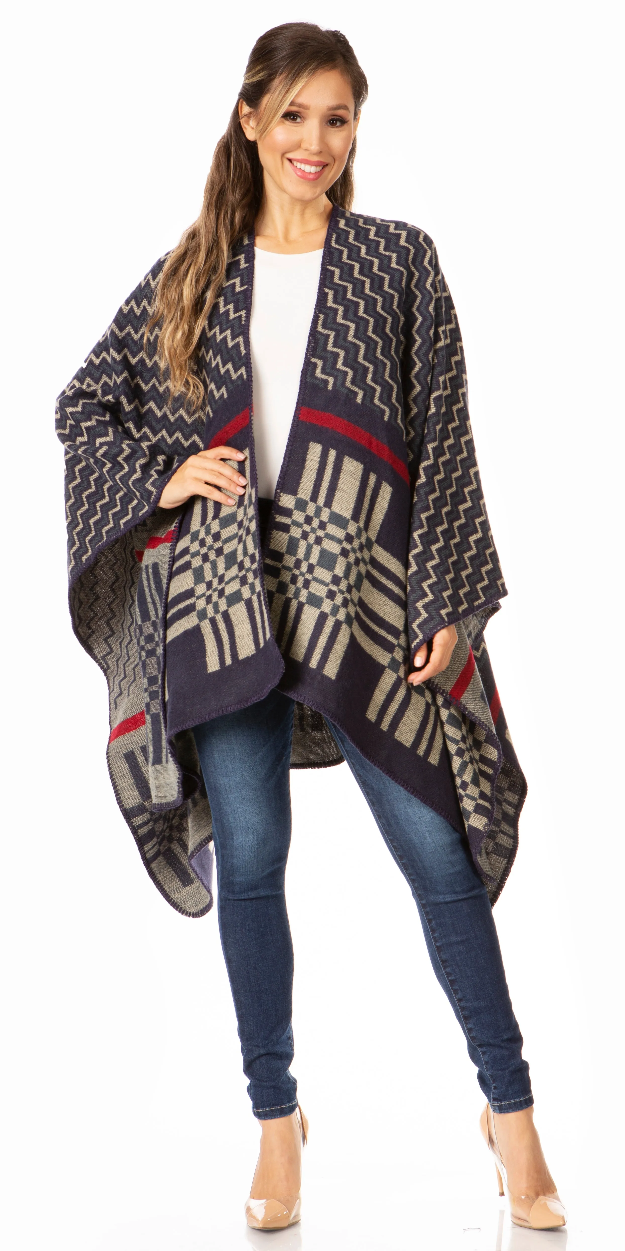 Sakkas Lupe Womens Reversible Poncho Wrap Cape Shawl Sweater Coat Cardigan Pattern