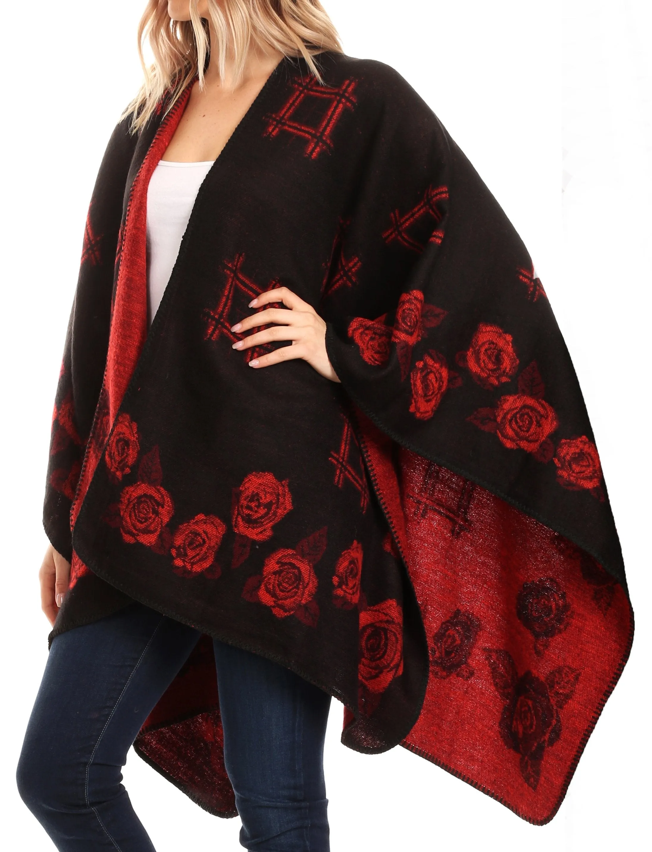 Sakkas Lupe Womens Reversible Poncho Wrap Cape Shawl Sweater Coat Cardigan Pattern