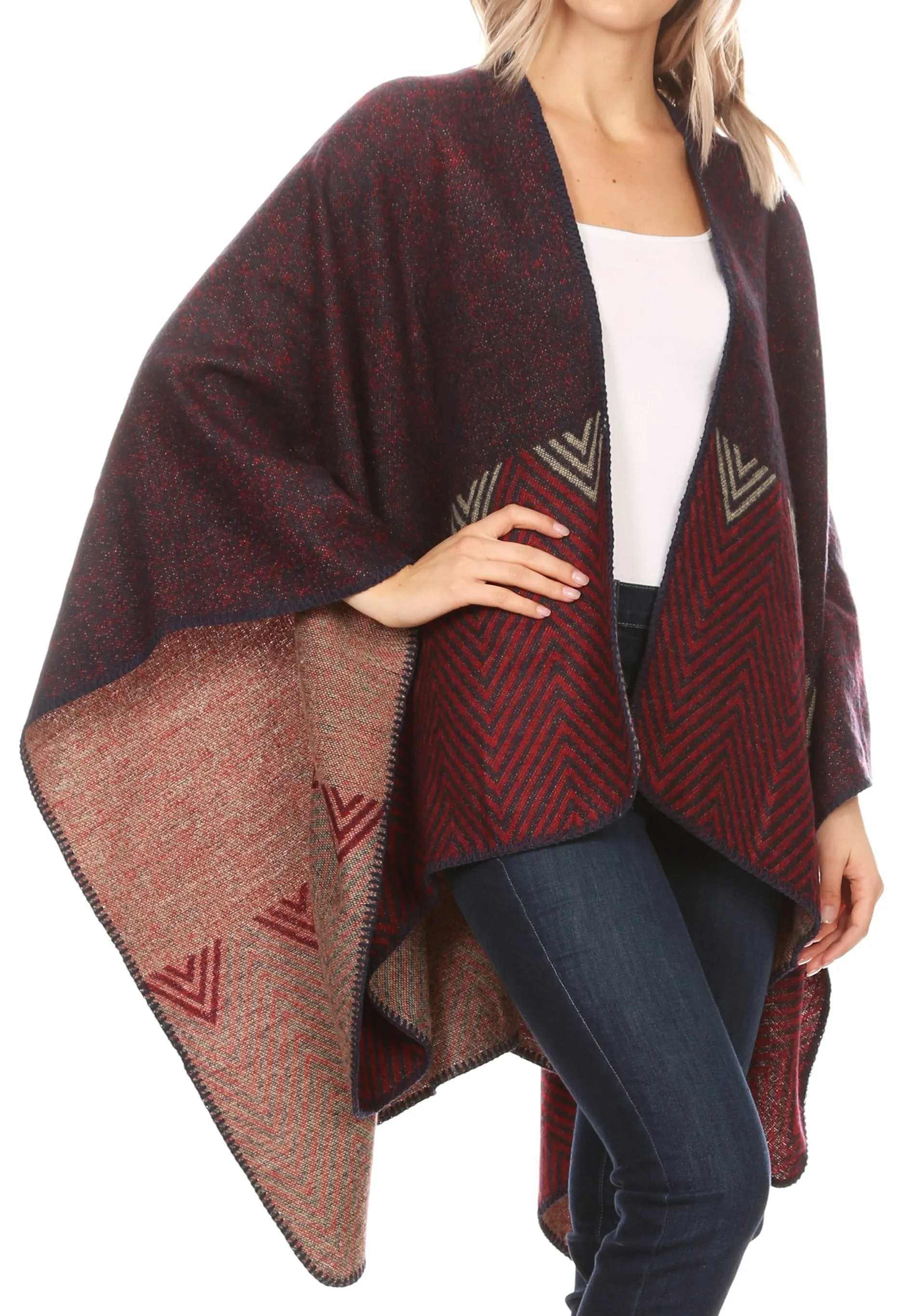 Sakkas Lupe Womens Reversible Poncho Wrap Cape Shawl Sweater Coat Cardigan Pattern