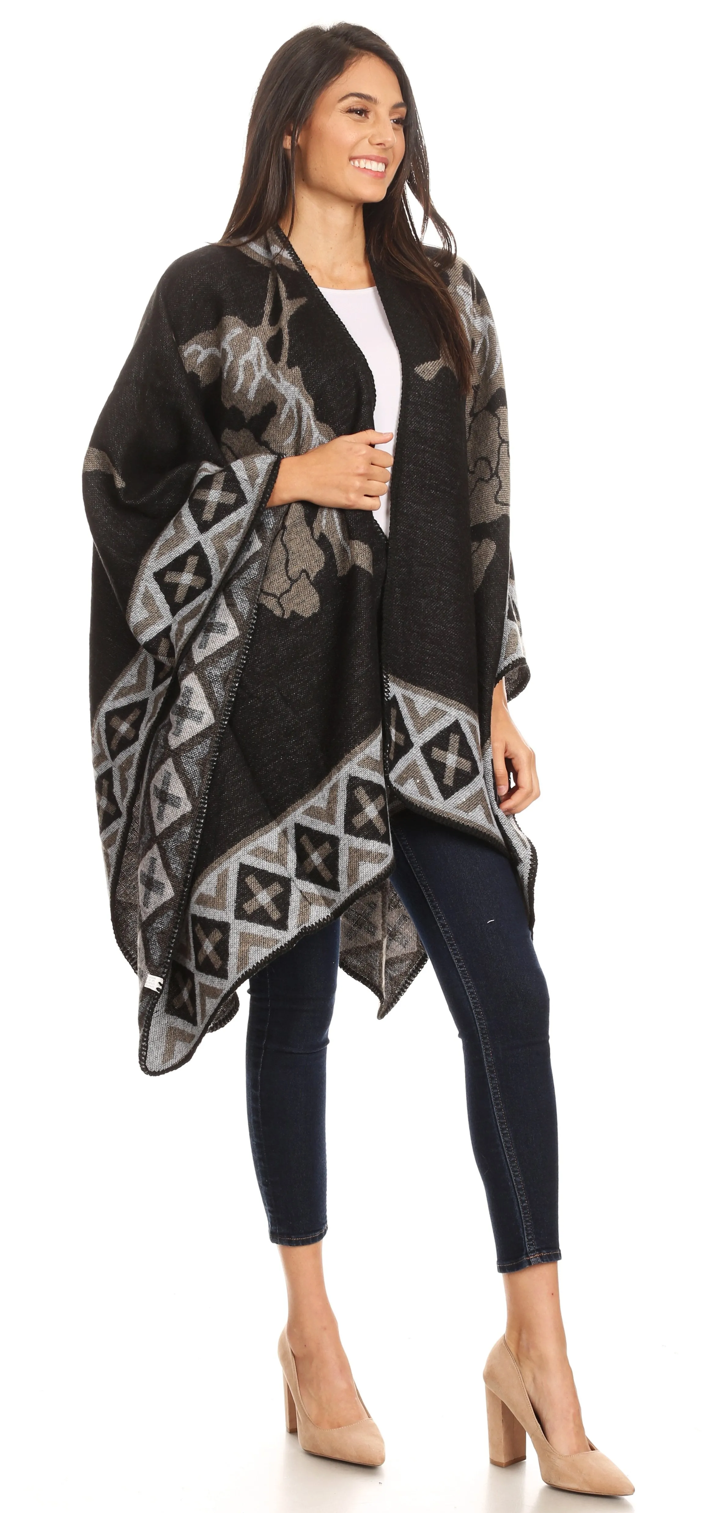 Sakkas Lupe Womens Reversible Poncho Wrap Cape Shawl Sweater Coat Cardigan Pattern