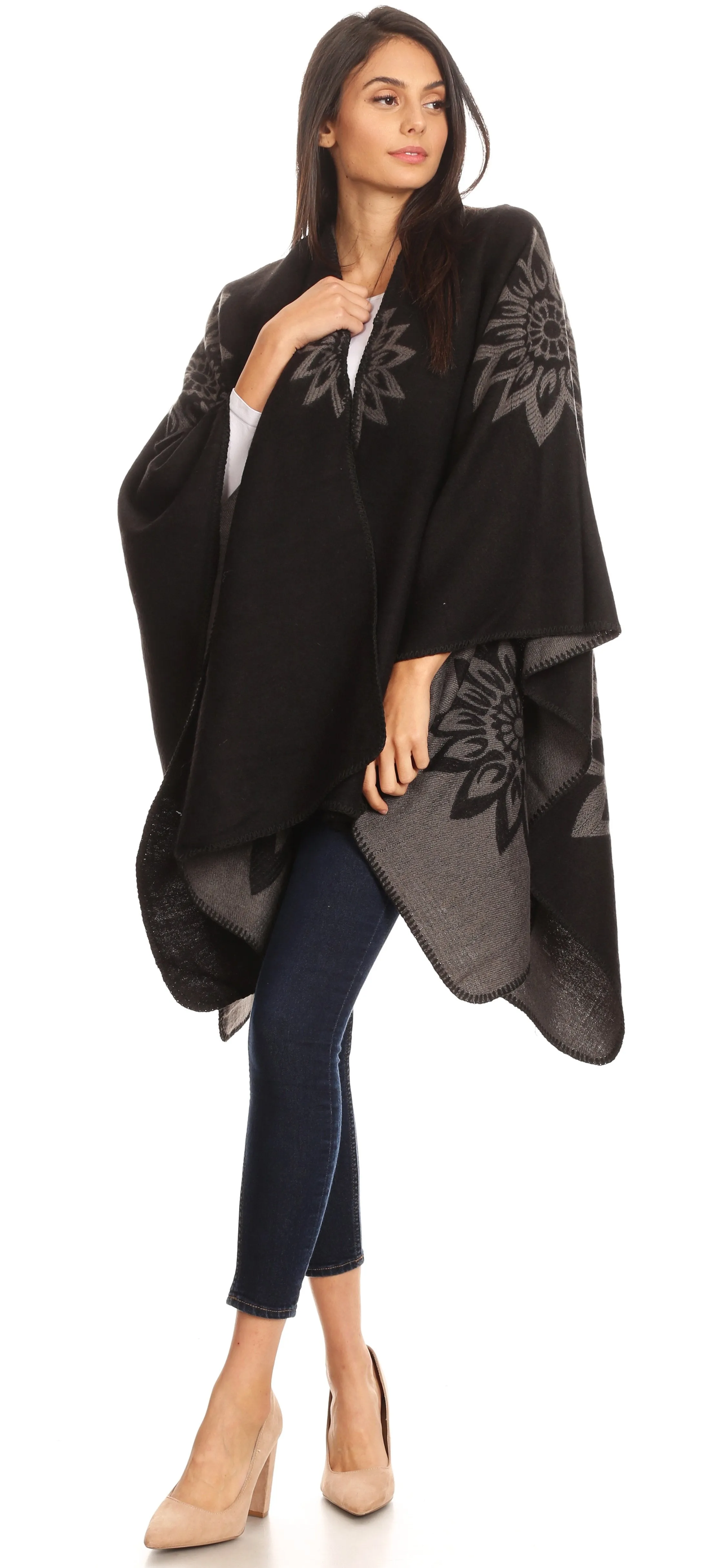 Sakkas Lupe Womens Reversible Poncho Wrap Cape Shawl Sweater Coat Cardigan Pattern