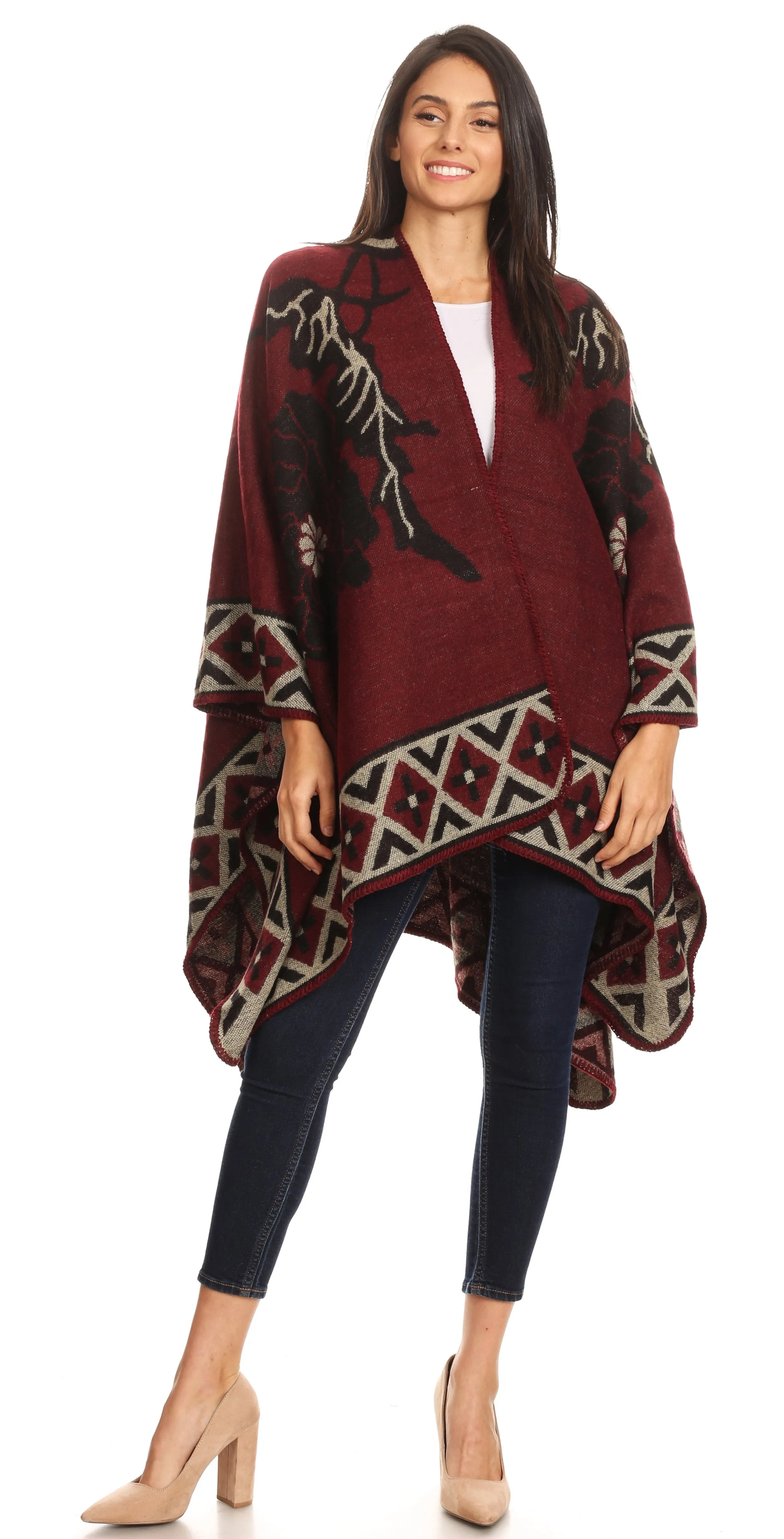 Sakkas Lupe Womens Reversible Poncho Wrap Cape Shawl Sweater Coat Cardigan Pattern