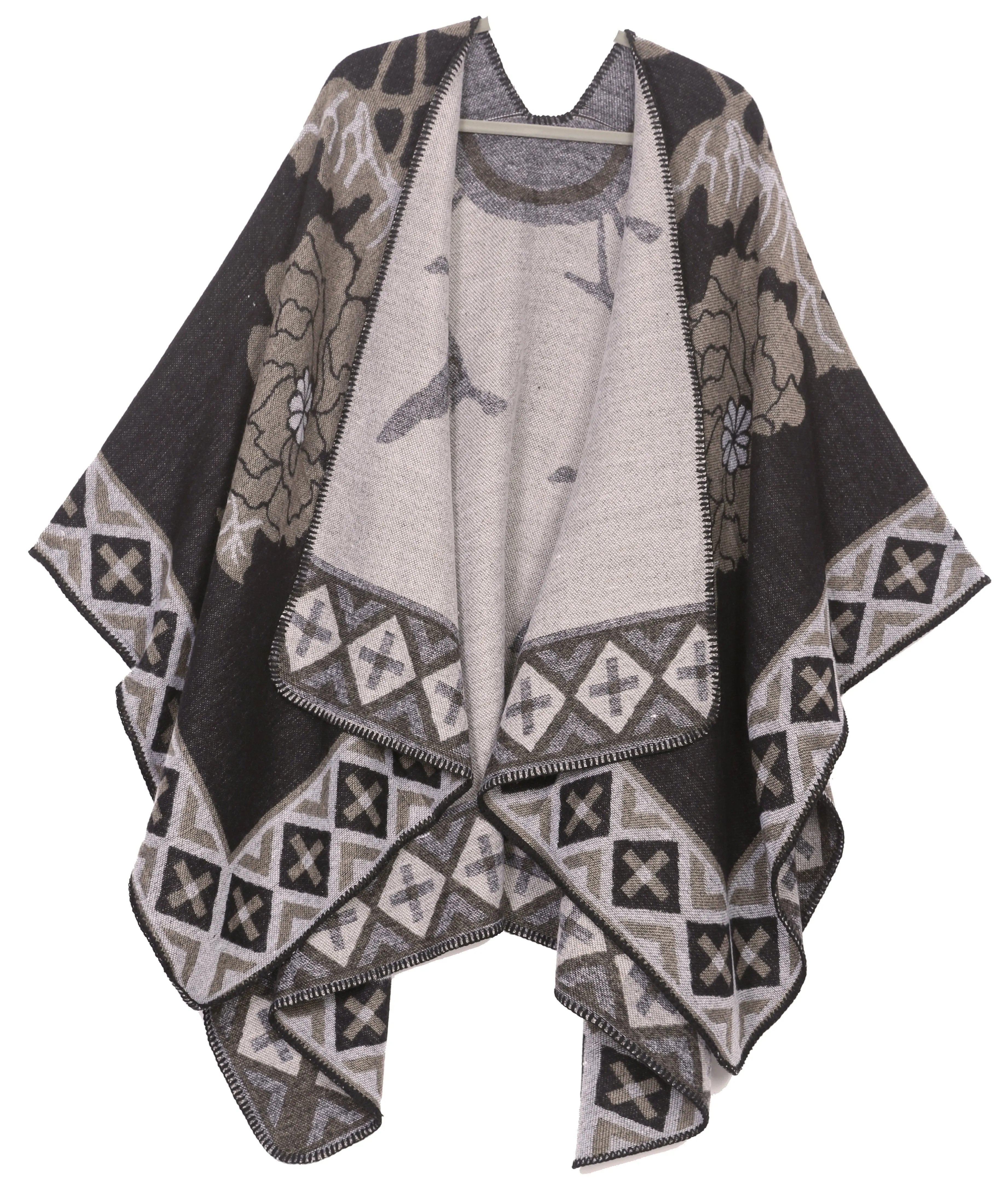 Sakkas Lupe Womens Reversible Poncho Wrap Cape Shawl Sweater Coat Cardigan Pattern