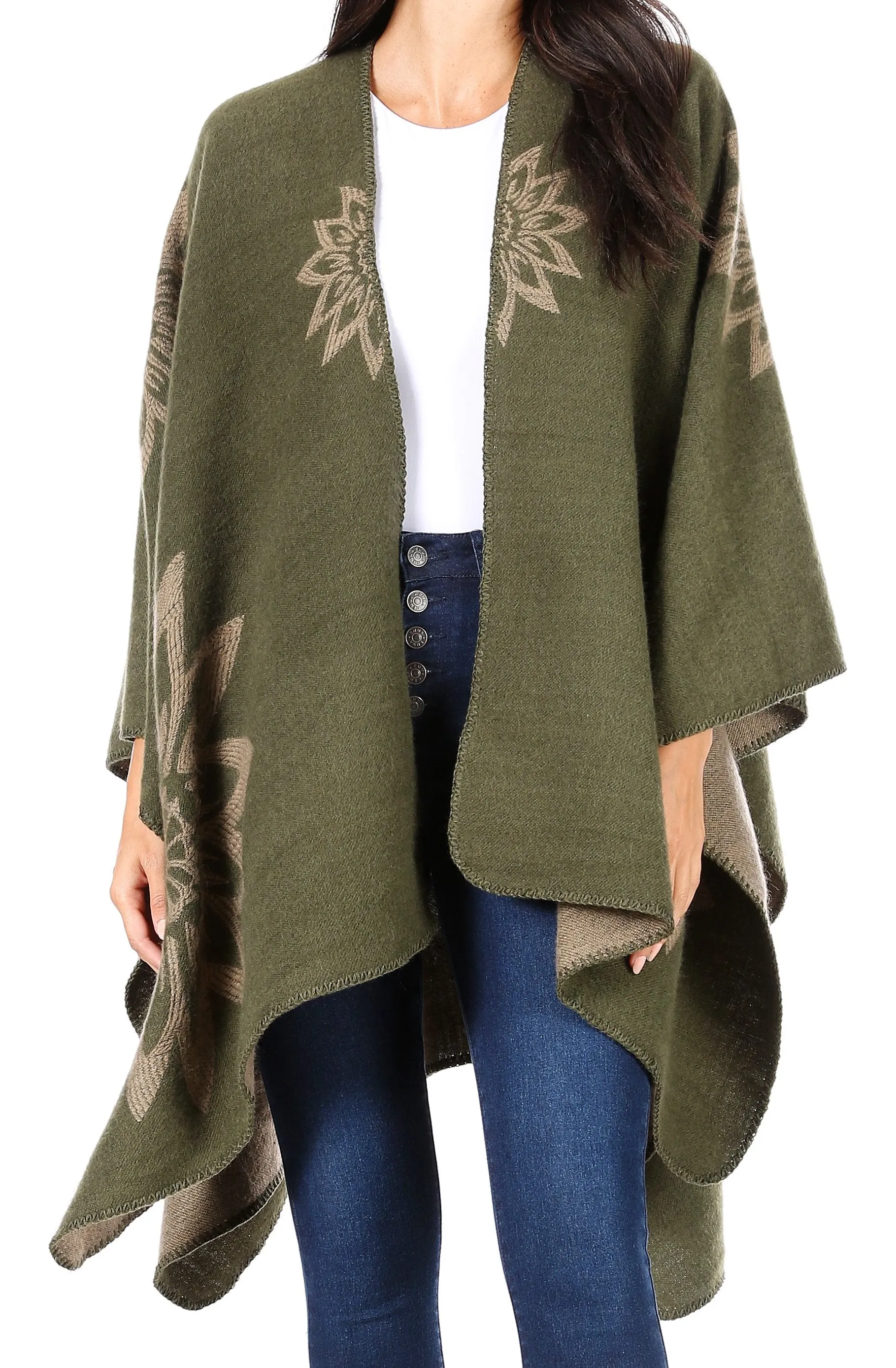 Sakkas Lupe Womens Reversible Poncho Wrap Cape Shawl Sweater Coat Cardigan Pattern