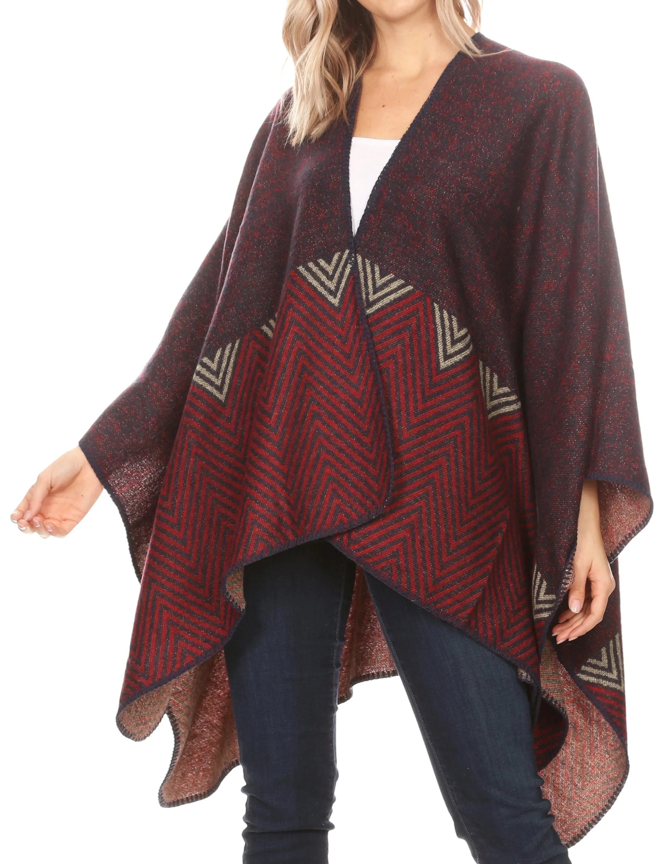 Sakkas Lupe Womens Reversible Poncho Wrap Cape Shawl Sweater Coat Cardigan Pattern