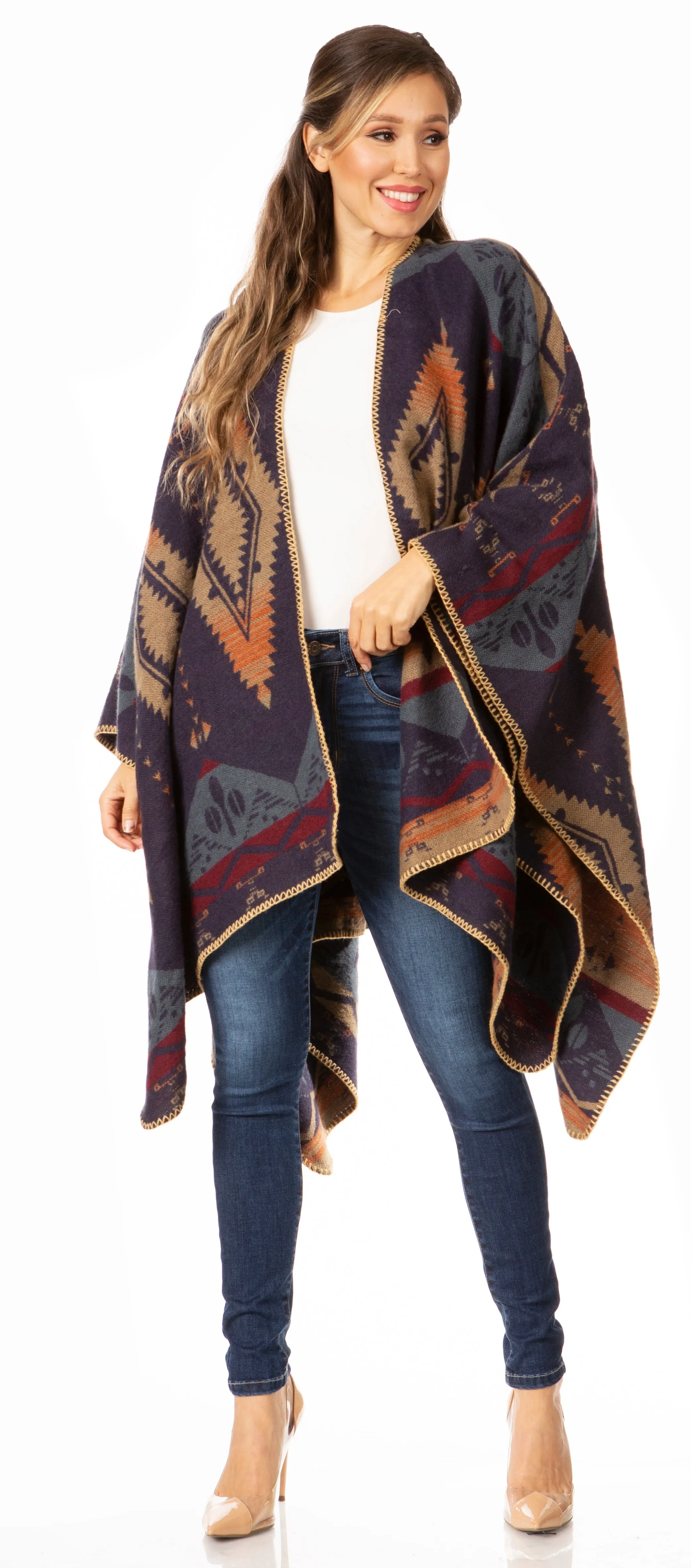 Sakkas Lupe Womens Reversible Poncho Wrap Cape Shawl Sweater Coat Cardigan Pattern