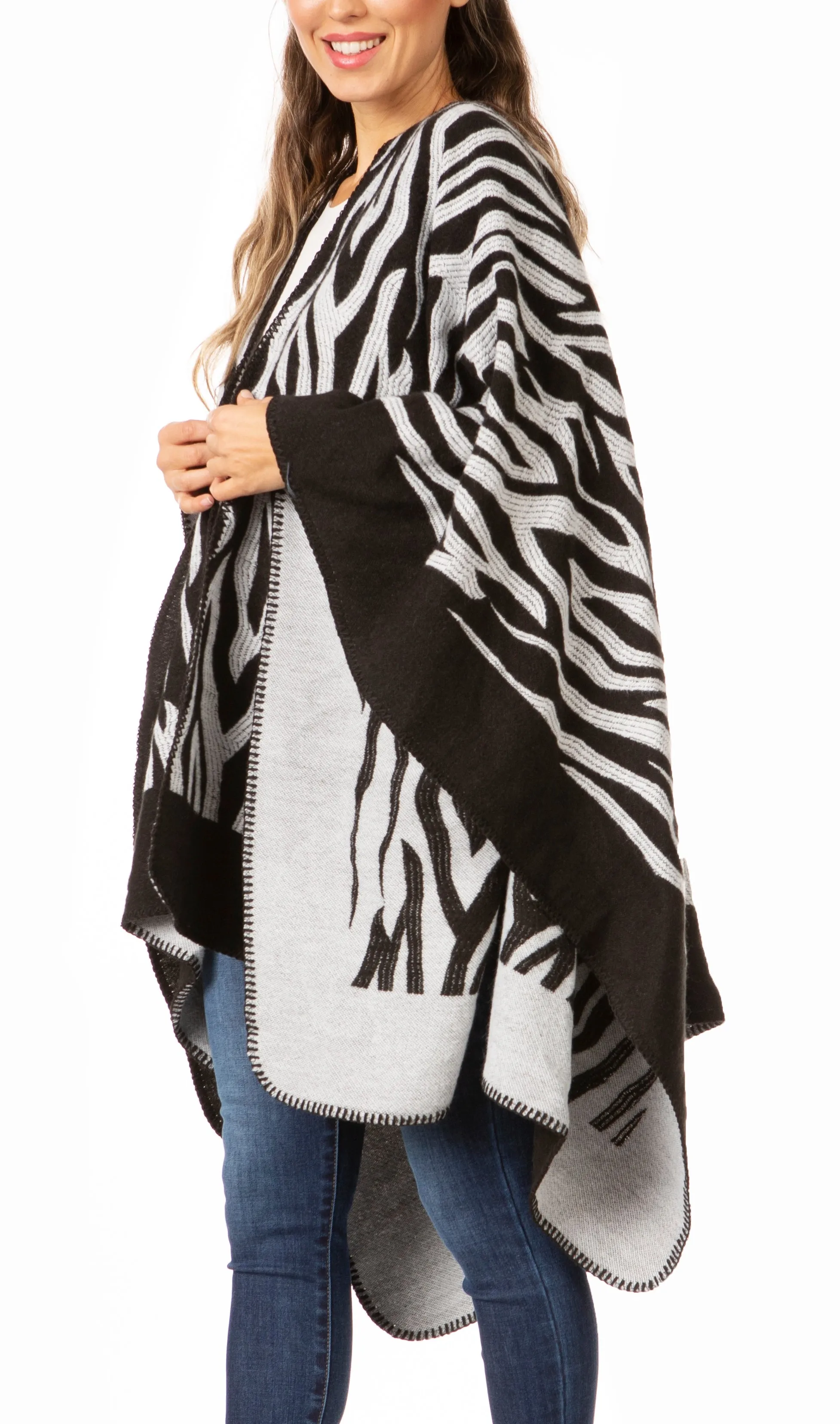 Sakkas Lupe Womens Reversible Poncho Wrap Cape Shawl Sweater Coat Cardigan Pattern