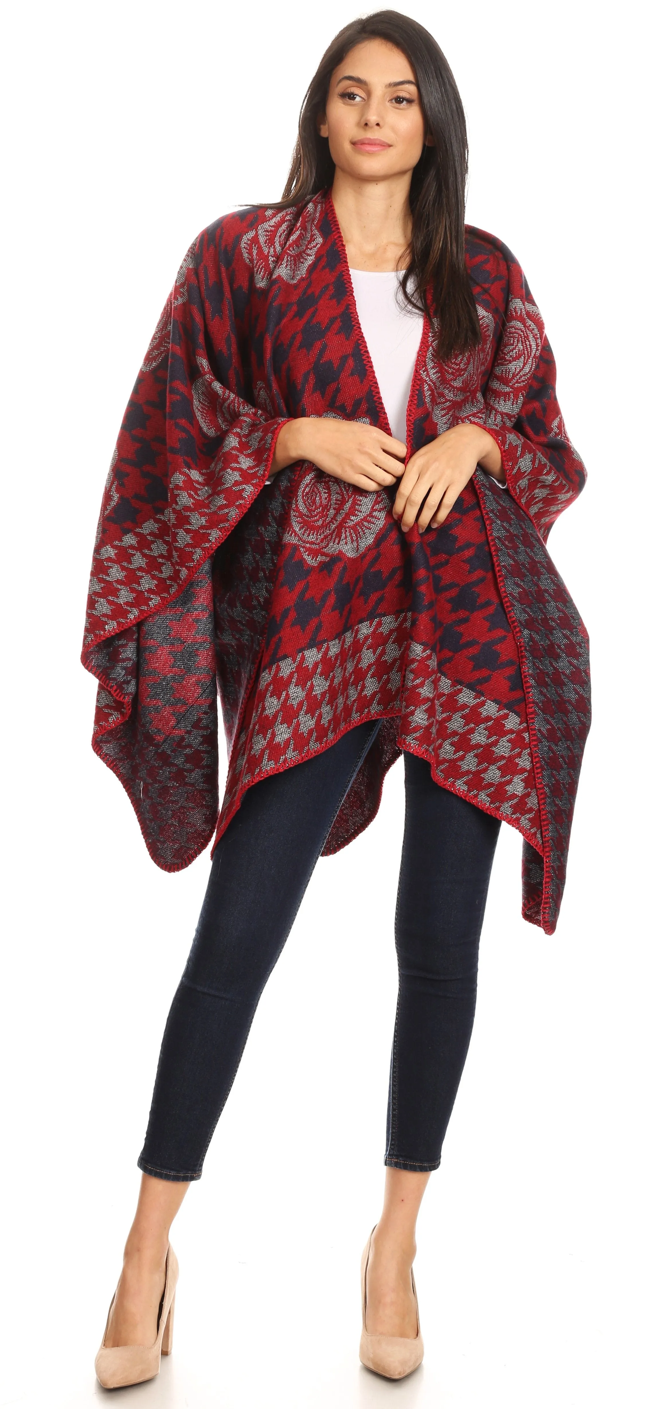 Sakkas Lupe Womens Reversible Poncho Wrap Cape Shawl Sweater Coat Cardigan Pattern