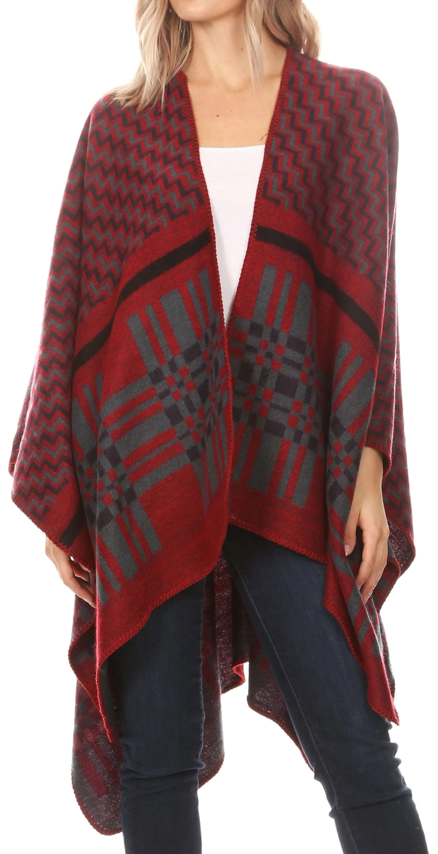 Sakkas Lupe Womens Reversible Poncho Wrap Cape Shawl Sweater Coat Cardigan Pattern