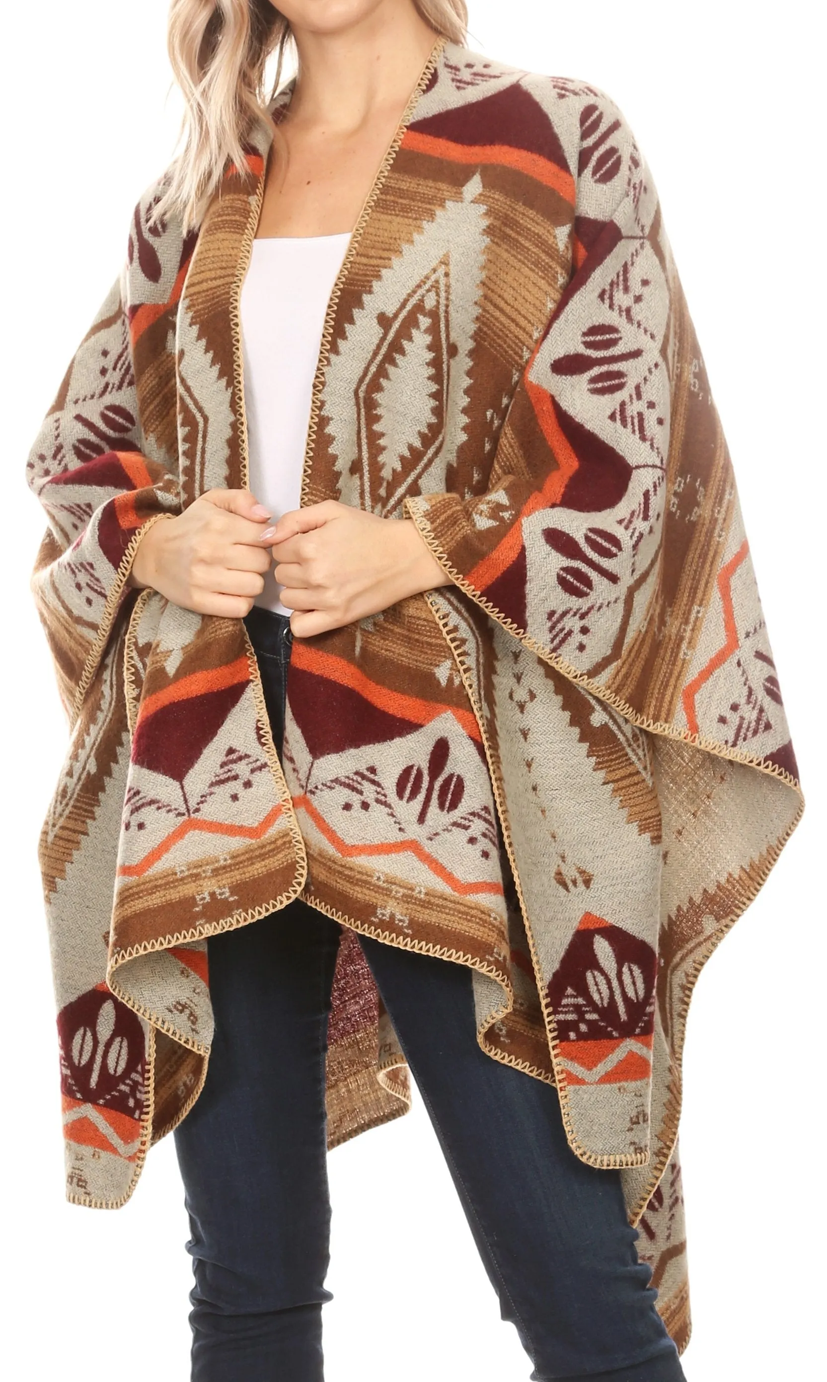 Sakkas Lupe Womens Reversible Poncho Wrap Cape Shawl Sweater Coat Cardigan Pattern