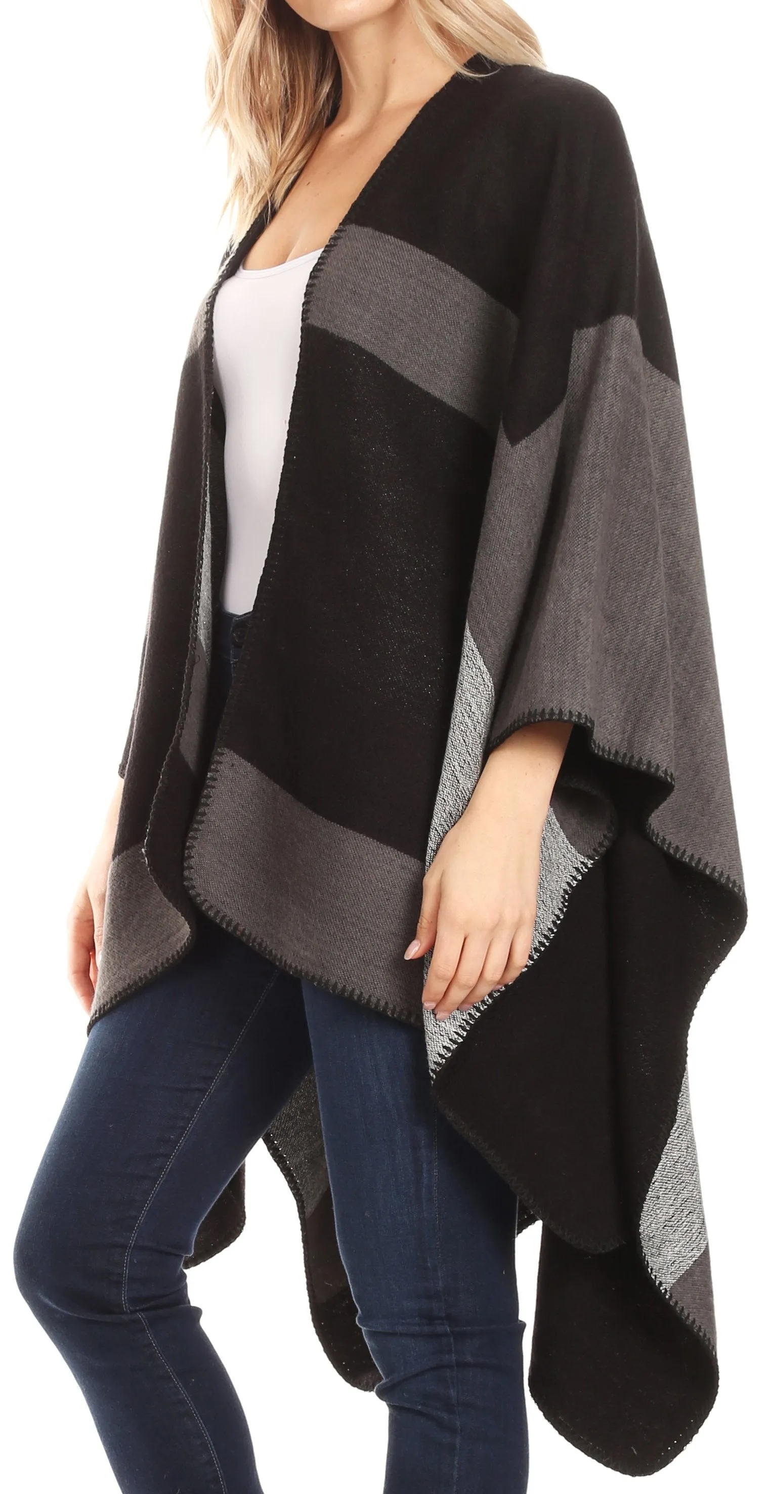 Sakkas Mari Women's Reversible Large Poncho Shawl Wrap Scarf Cape Ruana Blanket