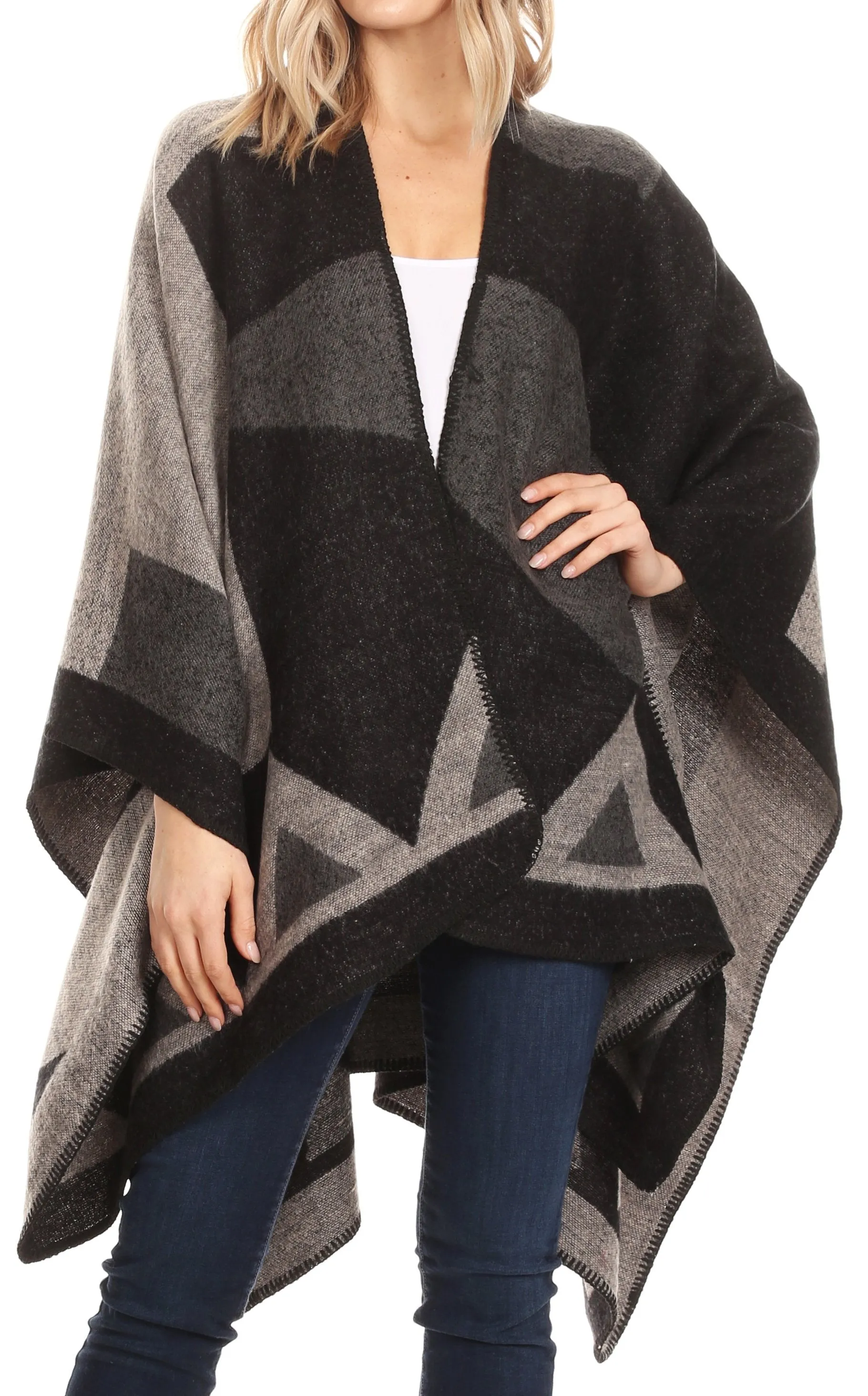 Sakkas Mari Women's Reversible Large Poncho Shawl Wrap Scarf Cape Ruana Blanket