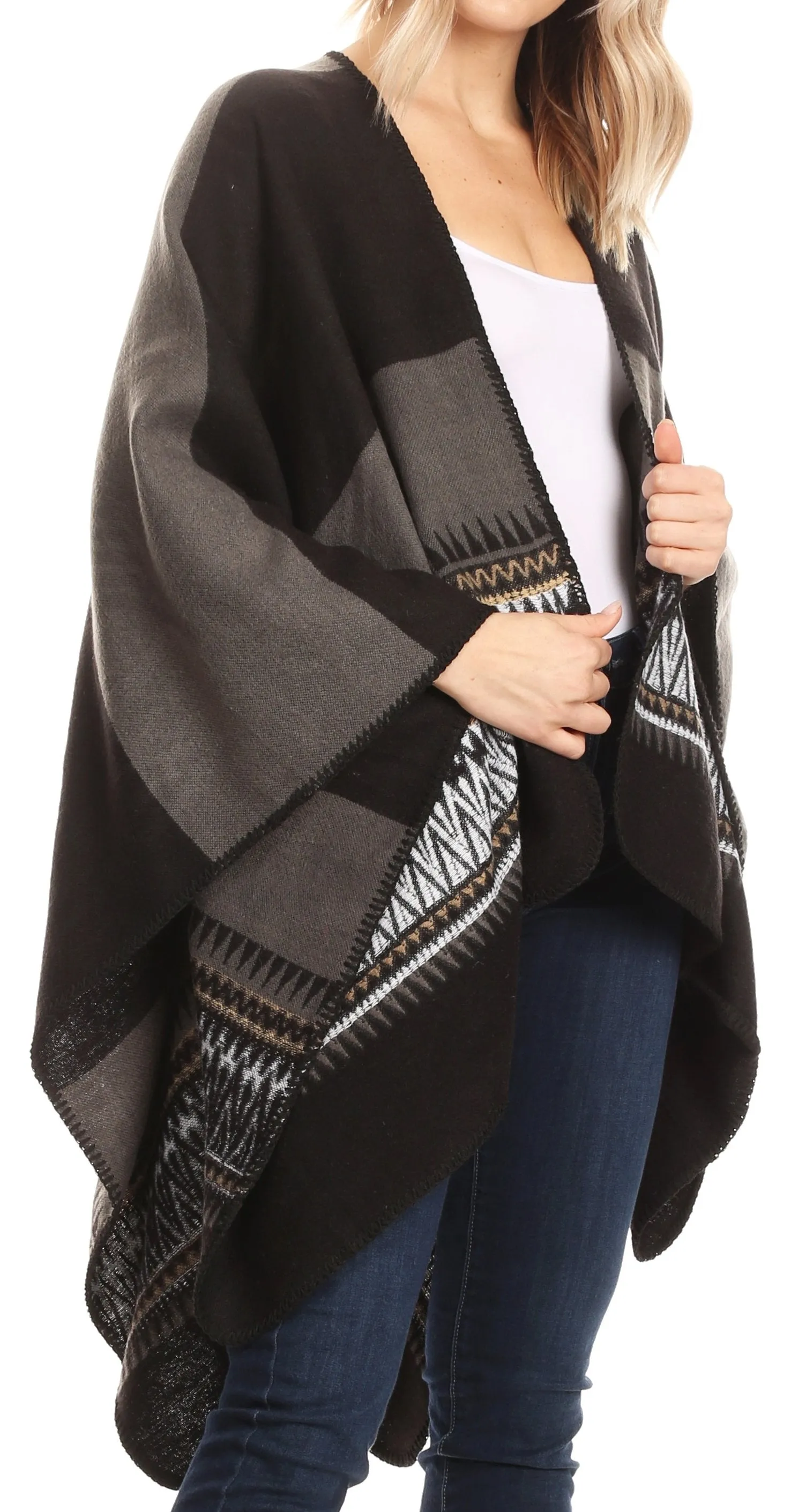 Sakkas Mari Women's Reversible Large Poncho Shawl Wrap Scarf Cape Ruana Blanket