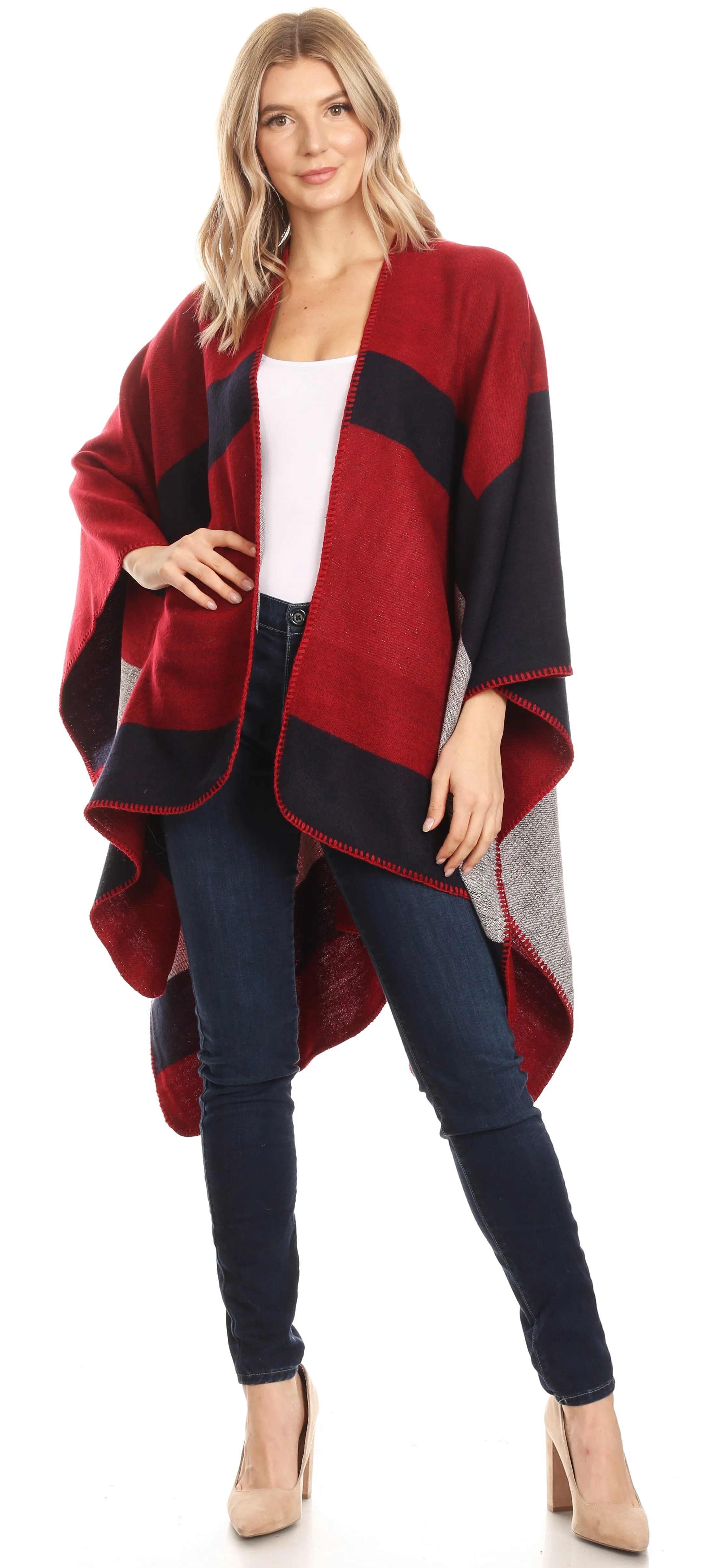 Sakkas Mari Women's Reversible Large Poncho Shawl Wrap Scarf Cape Ruana Blanket