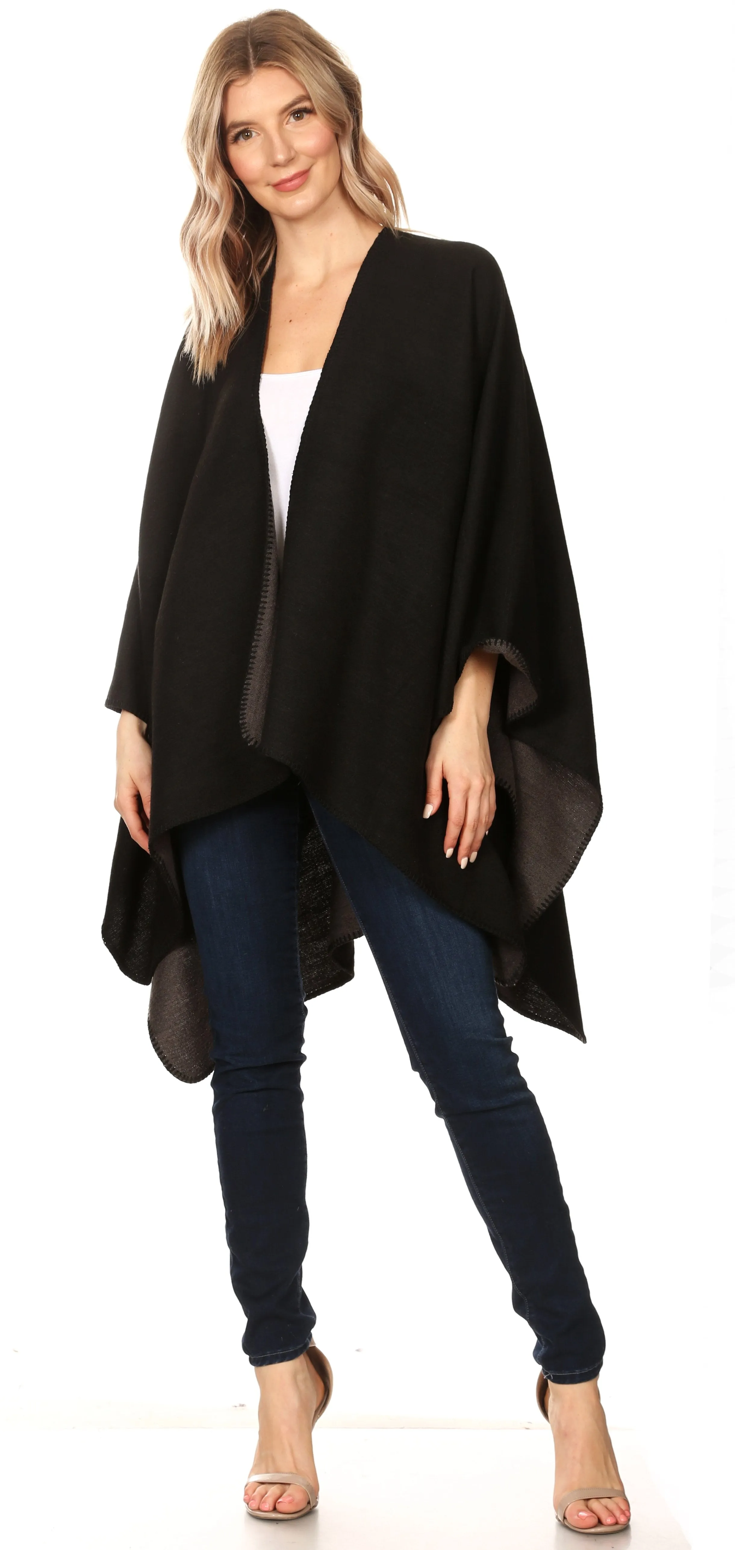 Sakkas Mari Women's Reversible Large Poncho Shawl Wrap Scarf Cape Ruana Blanket