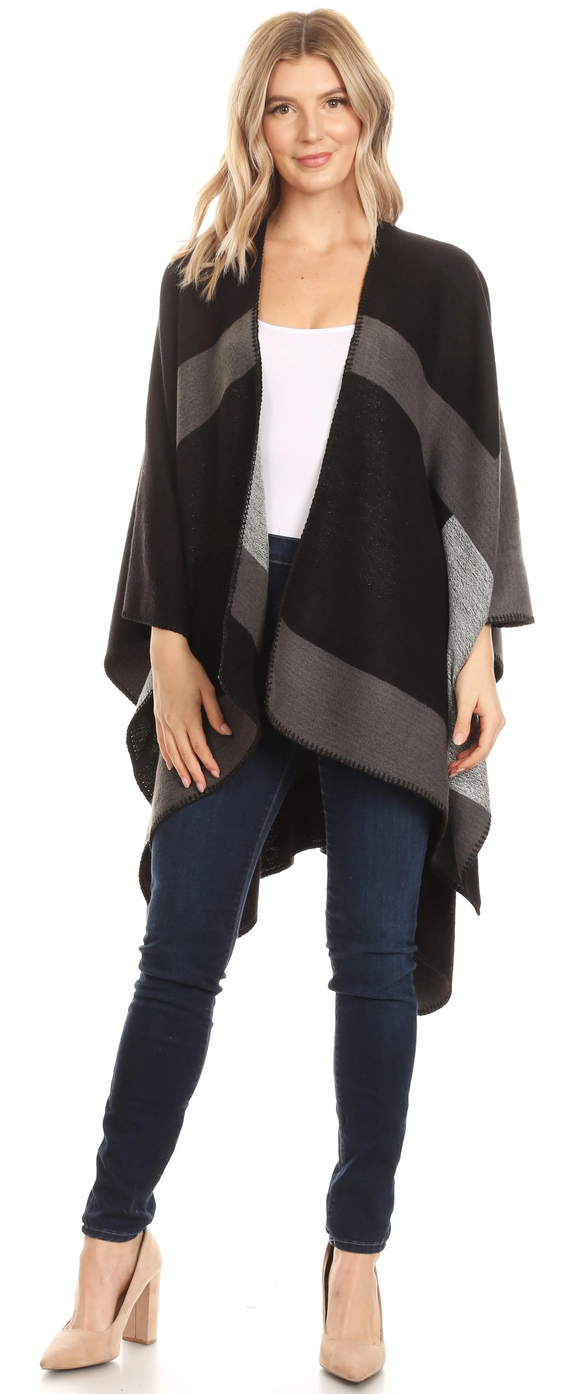 Sakkas Mari Women's Reversible Large Poncho Shawl Wrap Scarf Cape Ruana Blanket