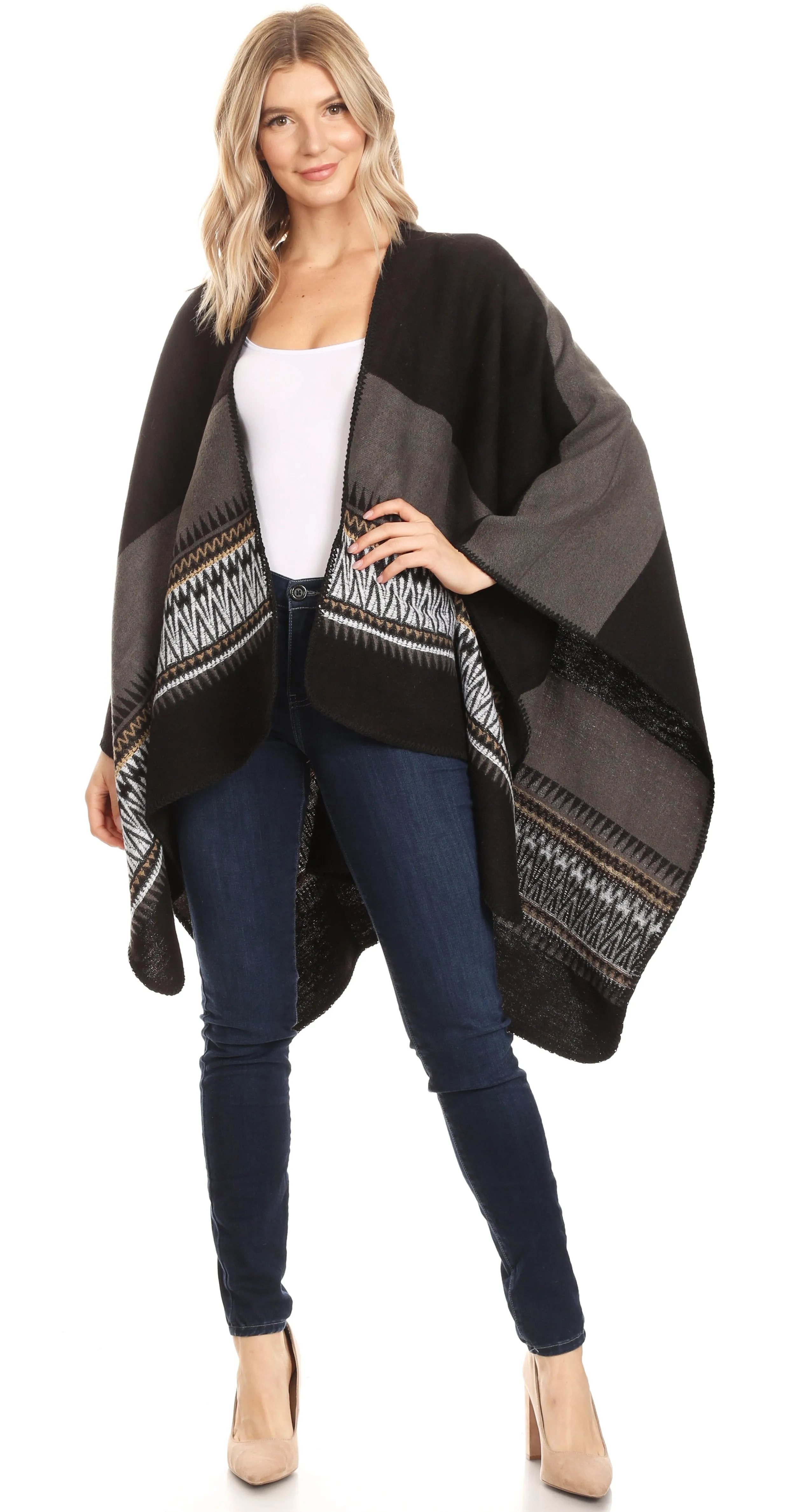 Sakkas Mari Women's Reversible Large Poncho Shawl Wrap Scarf Cape Ruana Blanket