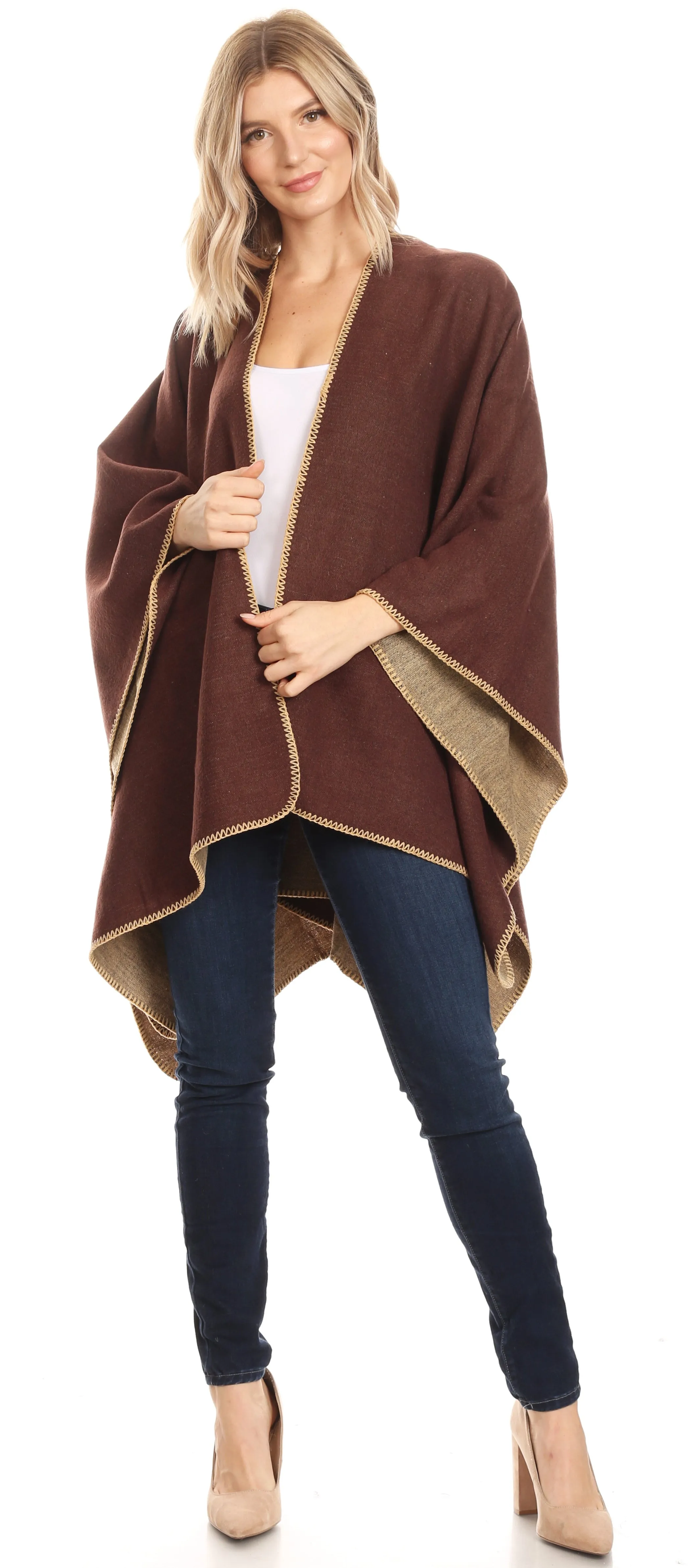 Sakkas Mari Women's Reversible Large Poncho Shawl Wrap Scarf Cape Ruana Blanket