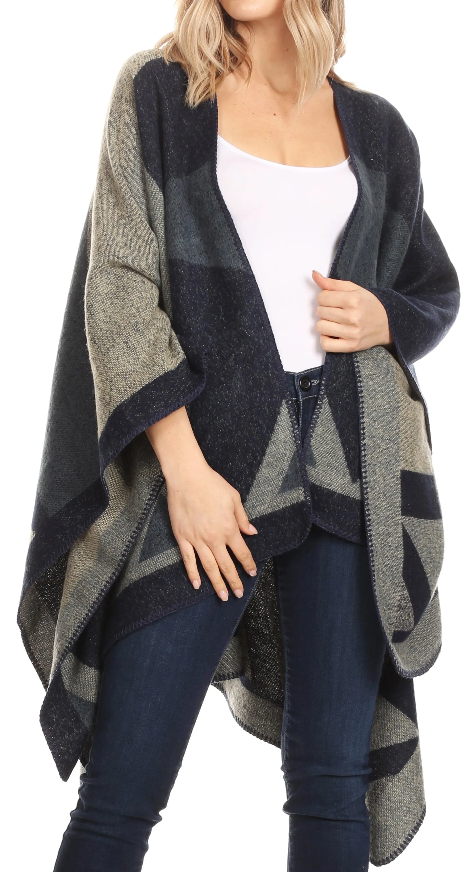 Sakkas Mari Women's Reversible Large Poncho Shawl Wrap Scarf Cape Ruana Blanket