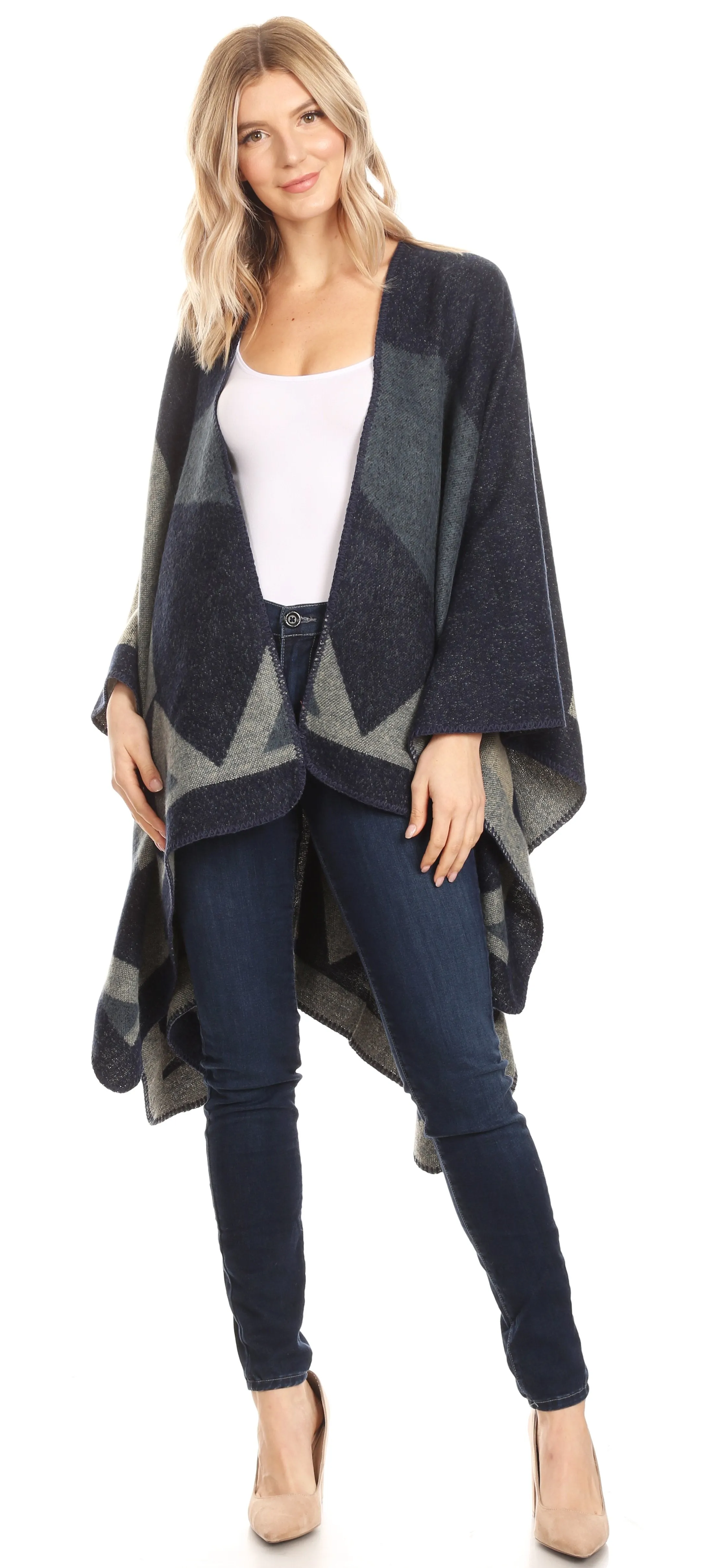 Sakkas Mari Women's Reversible Large Poncho Shawl Wrap Scarf Cape Ruana Blanket