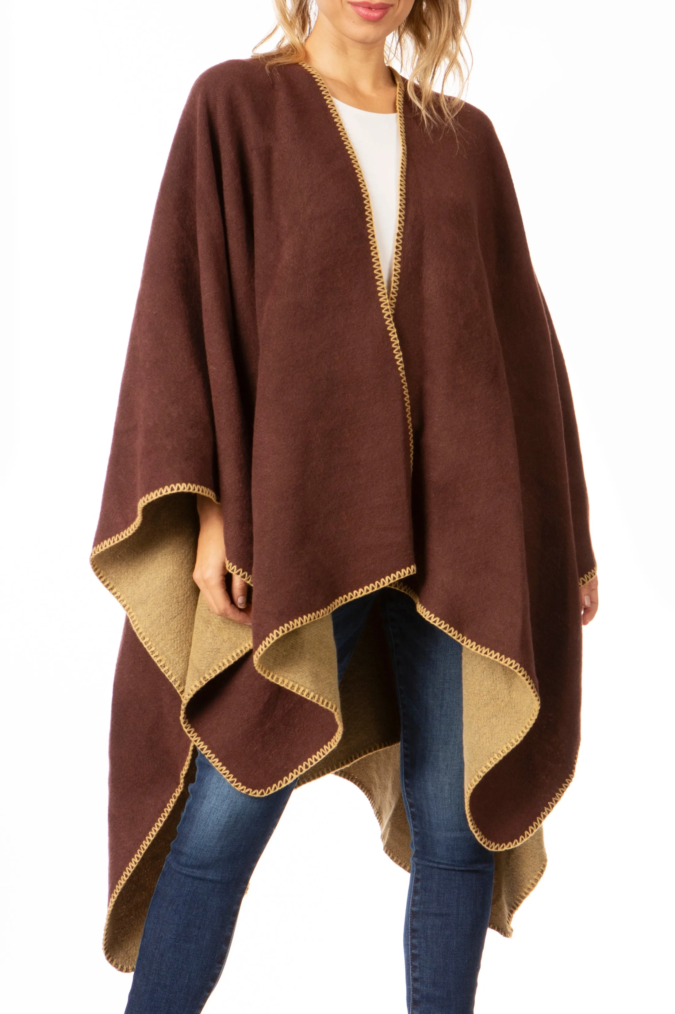 Sakkas Mari Women's Reversible Large Poncho Shawl Wrap Scarf Cape Ruana Blanket