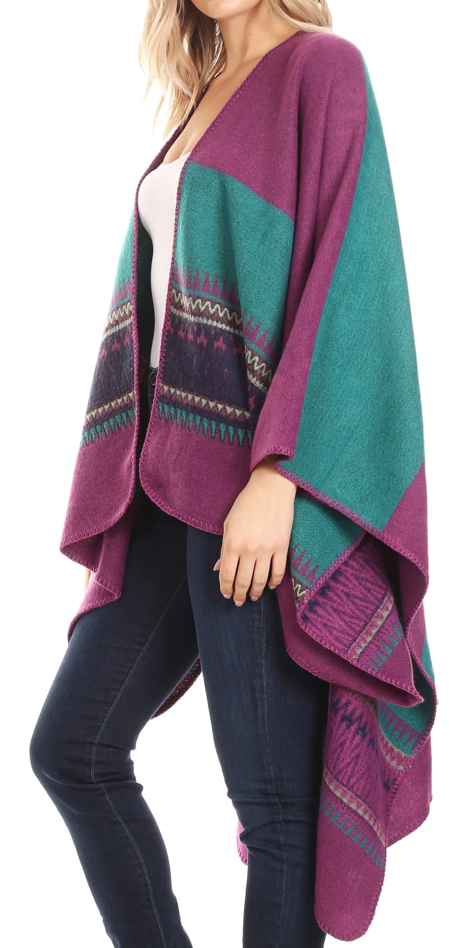 Sakkas Mari Women's Reversible Large Poncho Shawl Wrap Scarf Cape Ruana Blanket