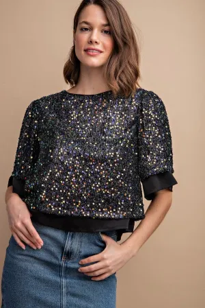 Sequined Short Sleeve Top With Back Zipper