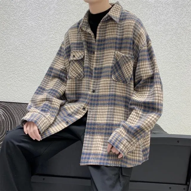 Simple Retro Check Jacket Tide Boy Japanese Street Autumn And Winter Wild Plaid Jacket Thick Shirt