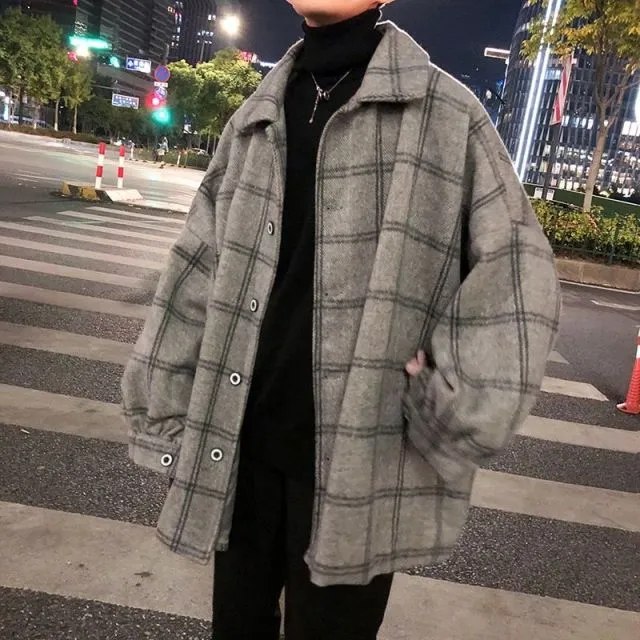 Simple Retro Check Jacket Tide Boy Japanese Street Autumn And Winter Wild Plaid Jacket Thick Shirt