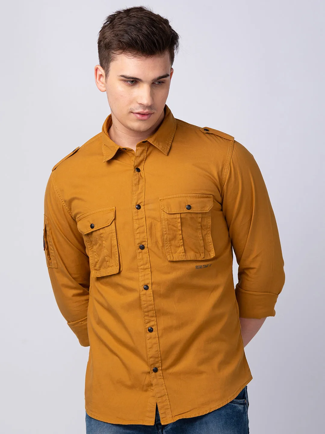 Spykar Men Camel Khaki Cotton Regular Slim Fit Plain Shirt