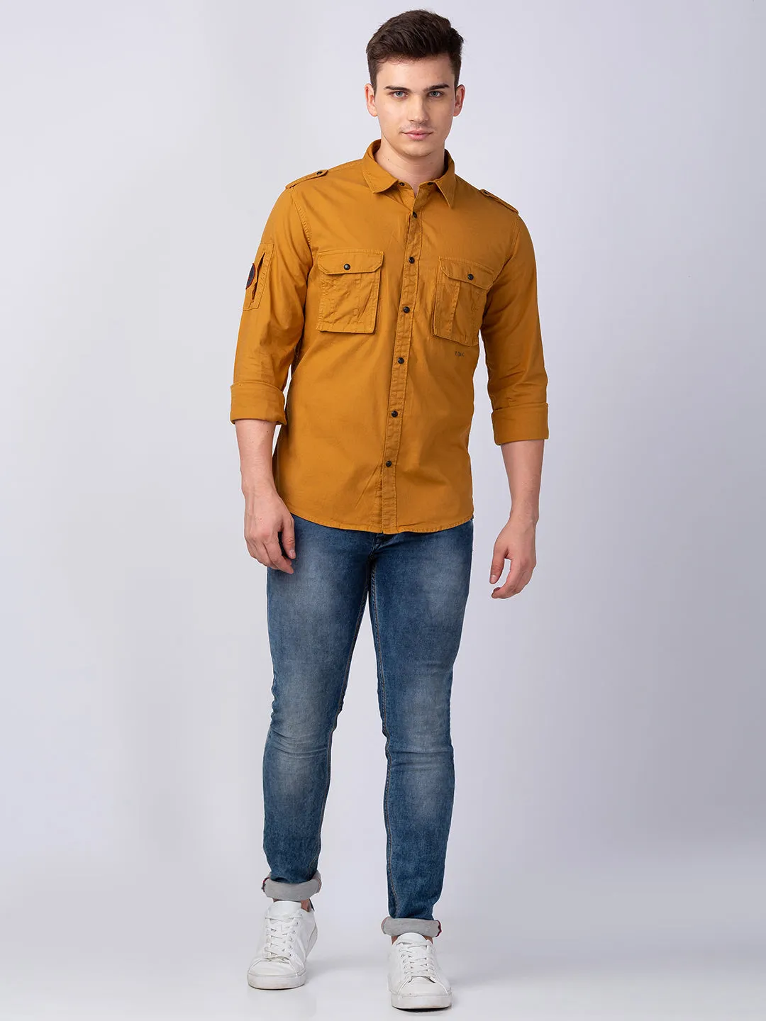 Spykar Men Camel Khaki Cotton Regular Slim Fit Plain Shirt