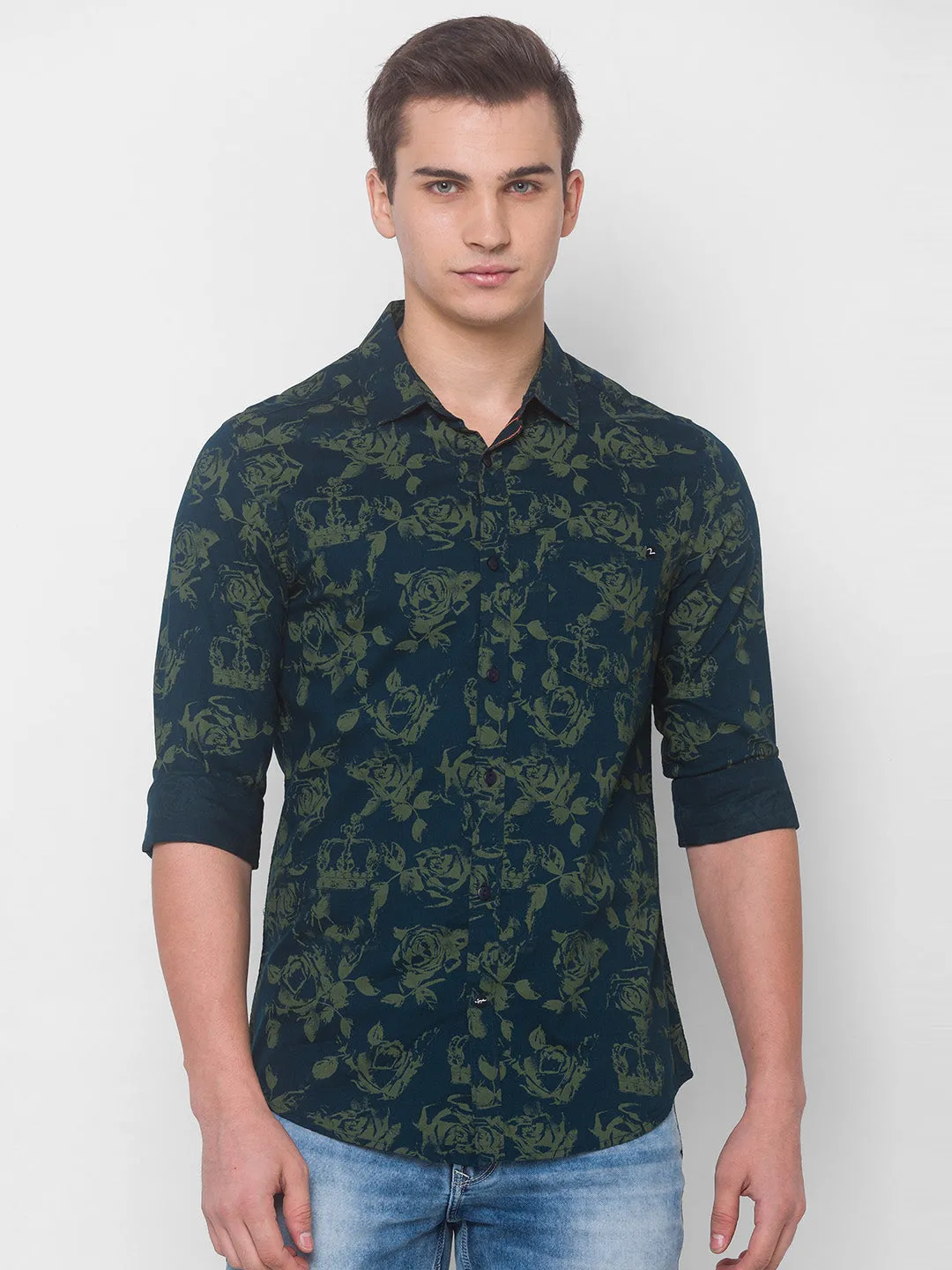 Spykar Men Teal Blue Cotton Shirts (Uniqlo)