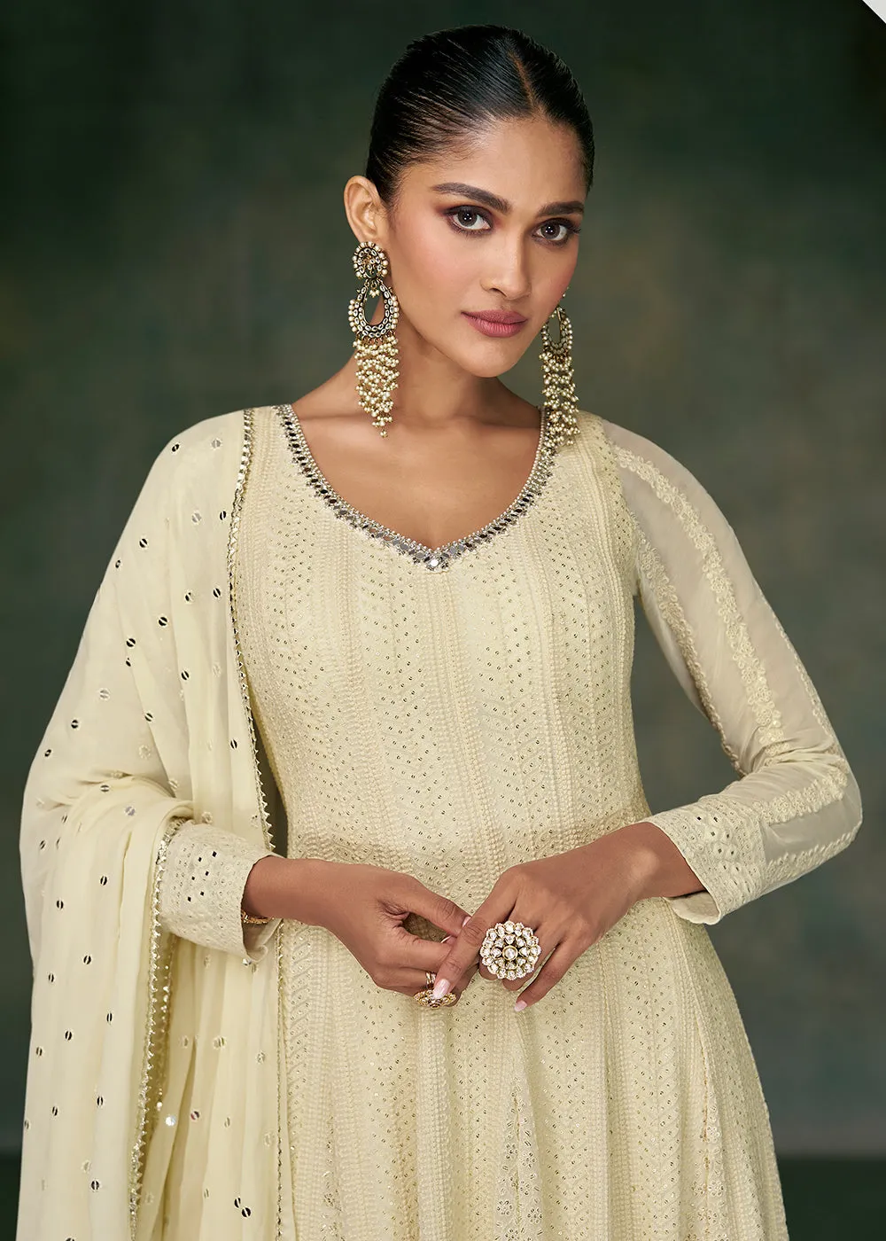 Tempting Off White Georgette Embroidered Wedding Anarkali Suit