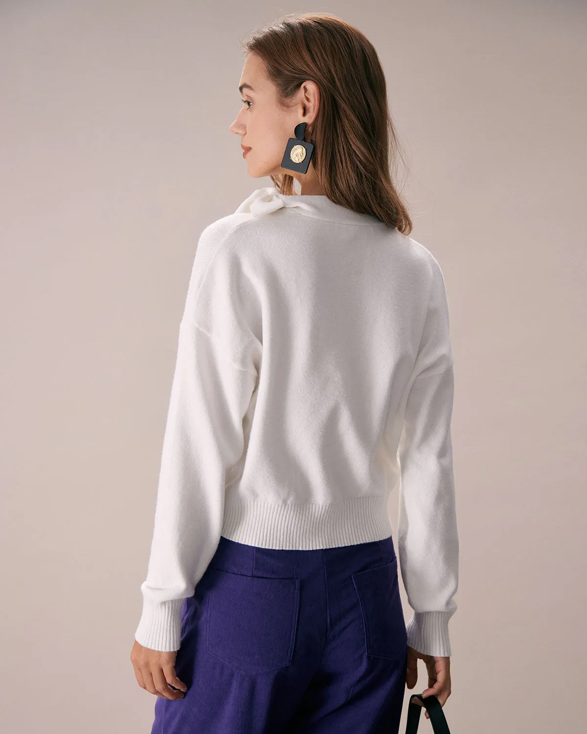 The White Mock Neck Tie Ribbed Knit Top