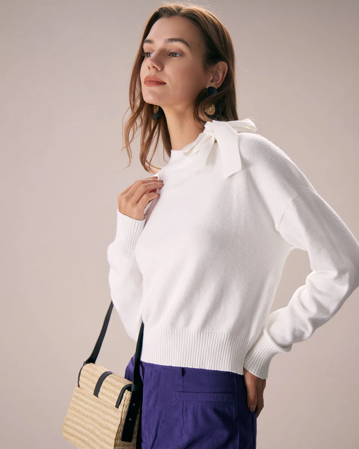 The White Mock Neck Tie Ribbed Knit Top