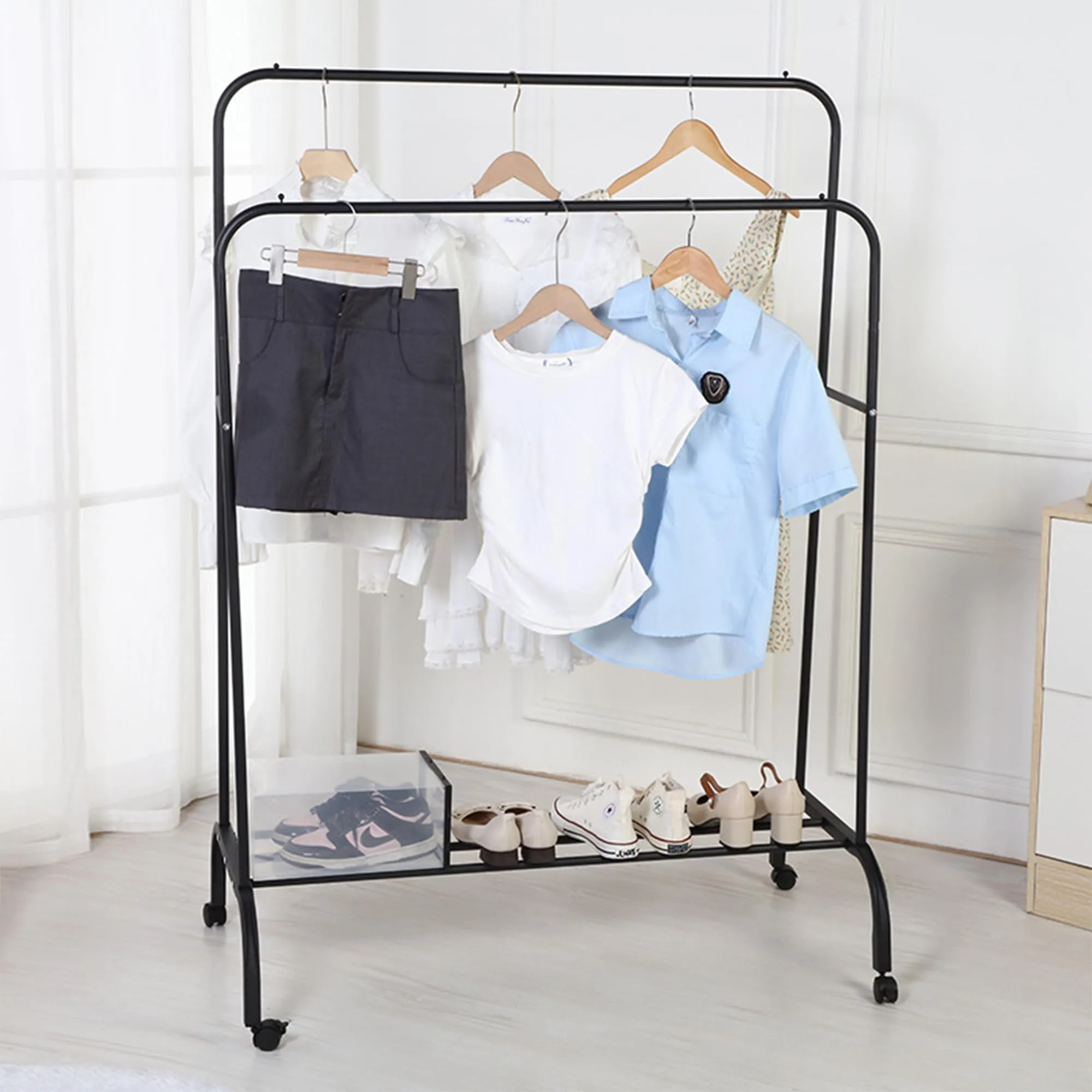 Urbane Home Double Rod Adjustable Clothing Rack | Stainless Steel| Foldable Garment Organiser on Wheels| Rolling Bars|Color-Black| TW602BK