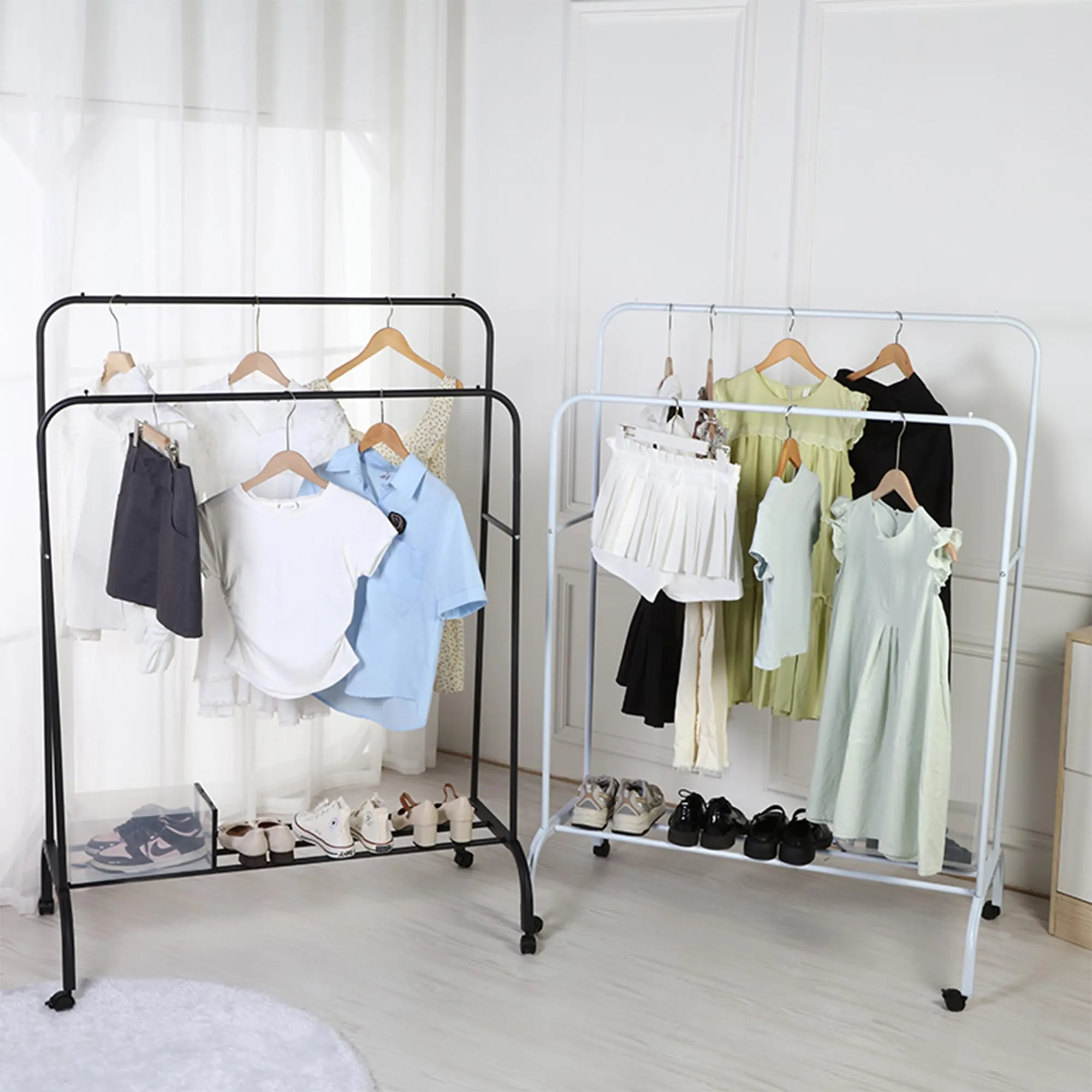 Urbane Home Double Rod Adjustable Clothing Rack | Stainless Steel| Foldable Garment Organiser on Wheels| Rolling Bars|Color-Black| TW602BK