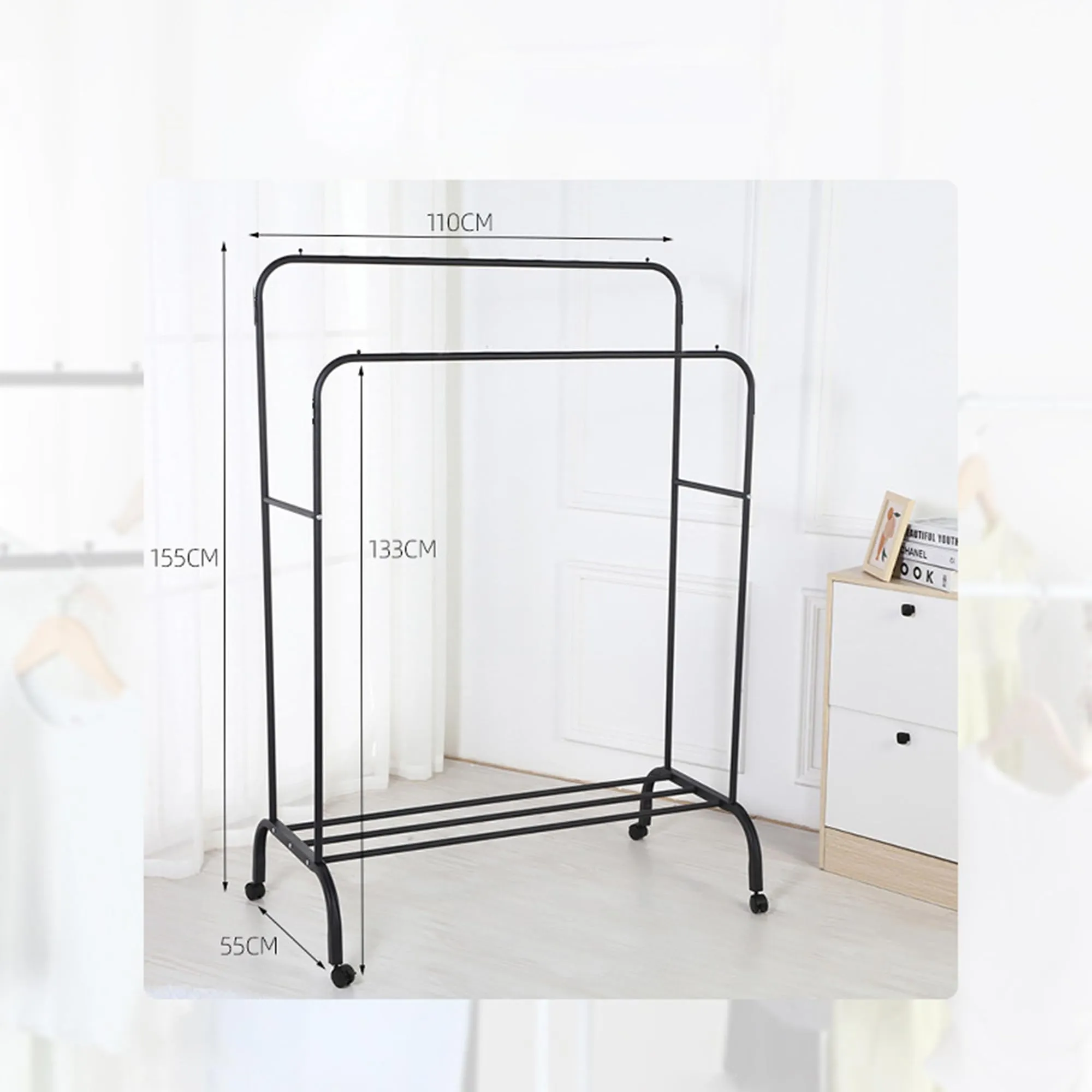 Urbane Home Double Rod Adjustable Clothing Rack | Stainless Steel| Foldable Garment Organiser on Wheels| Rolling Bars|Color-Black| TW602BK