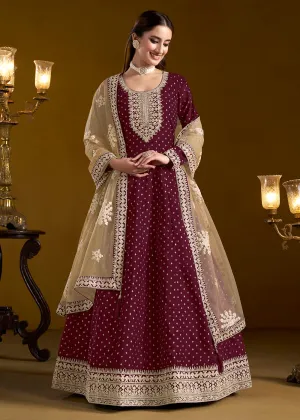 Wine Chanderi Butti Embroidered Festive Anarkali Suit