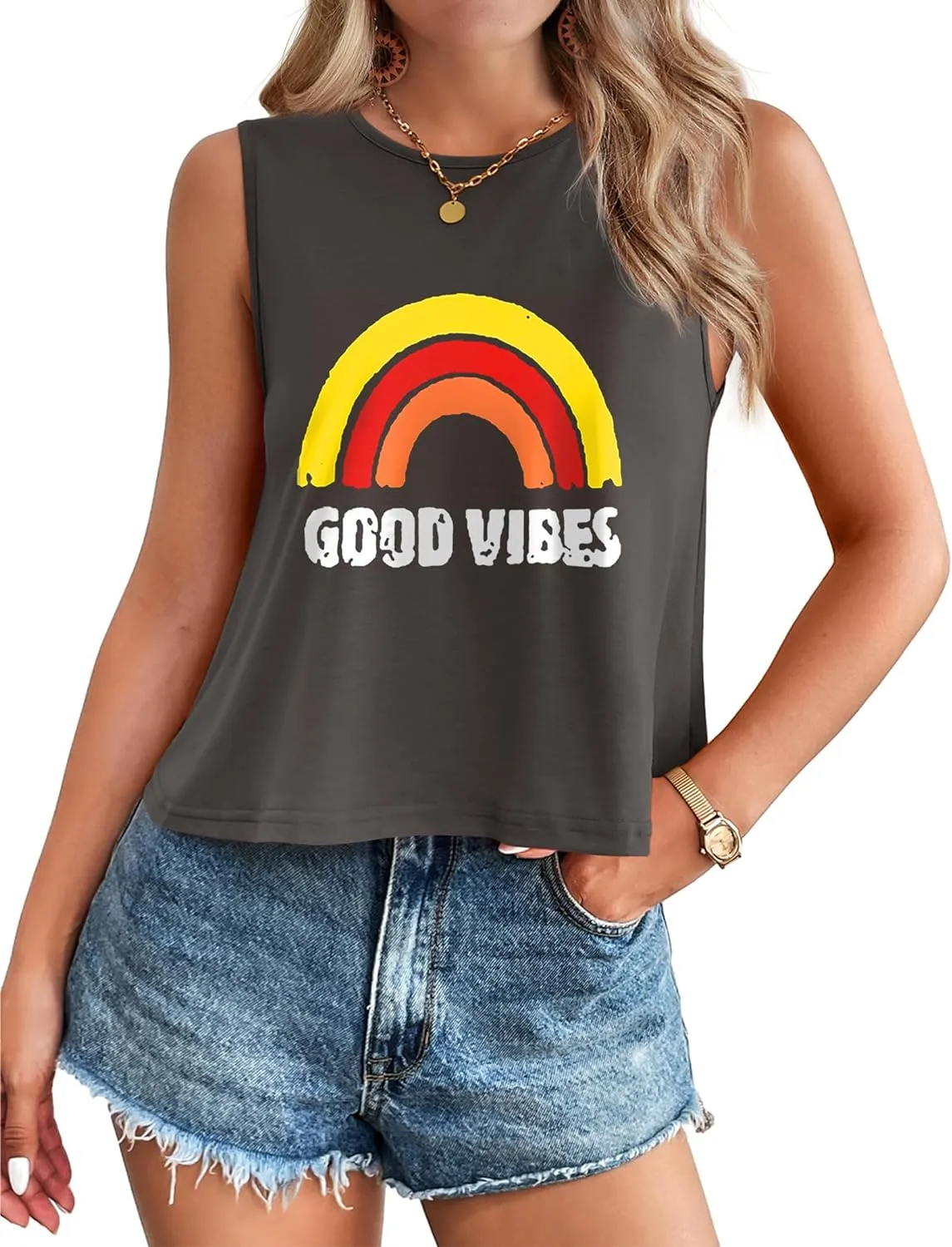 Zeagoo Women's Summer Crop Tank Tops 2024 Casual Crewneck Cropped Tops Graphic Loose Fit Sleeveless Shirts