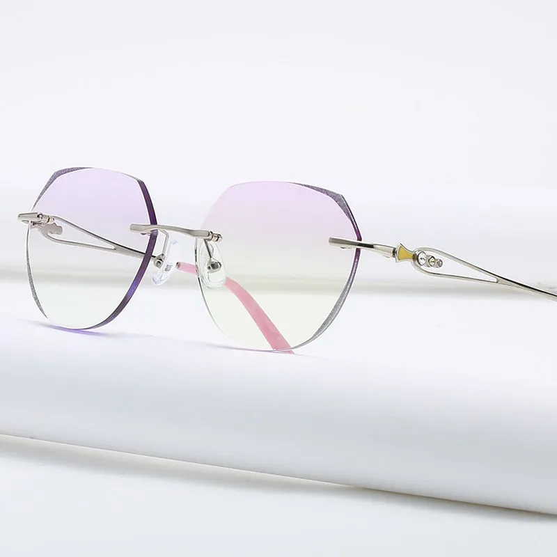 Zirosat 58111 Women's Eyeglasses Alloy Tint Lenses Diamond Cutting Rimless Titanium